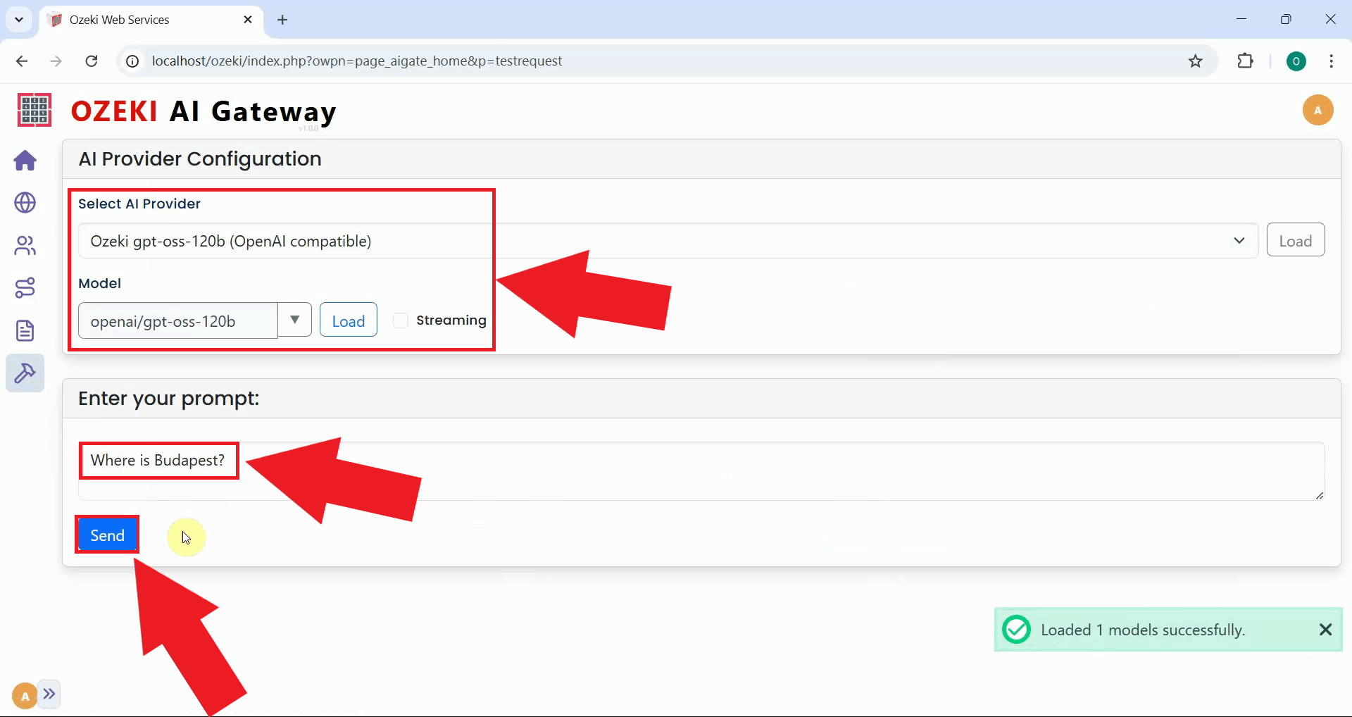 Select provider and send test prompt