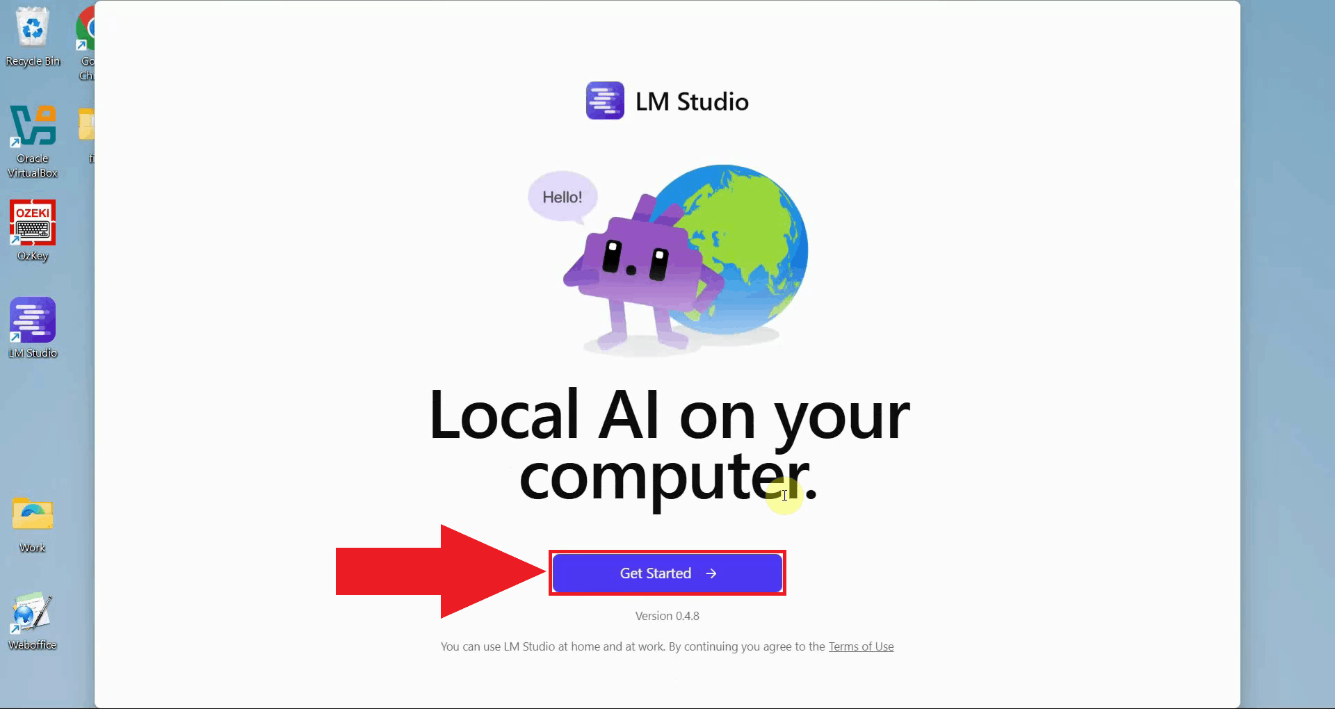 Select Get Started on LM Studio welcome page