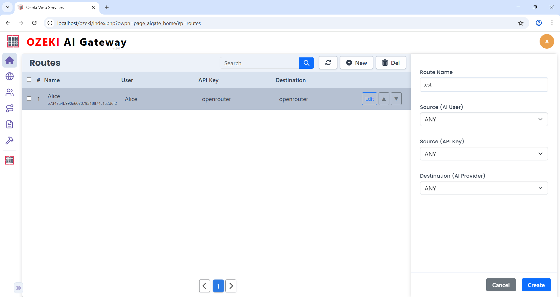 Ozeki AI Gateway Route Create