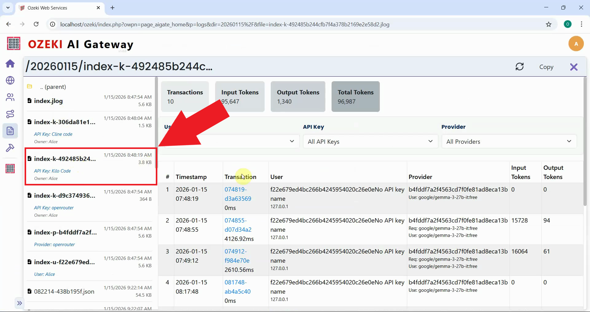 Click on Kilo Code transactions file