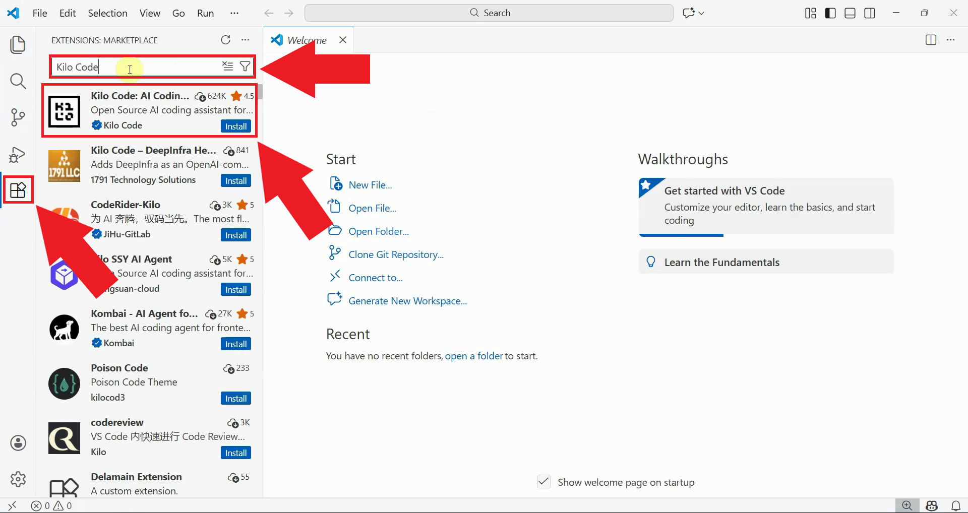 Search Kilo Code in extensions