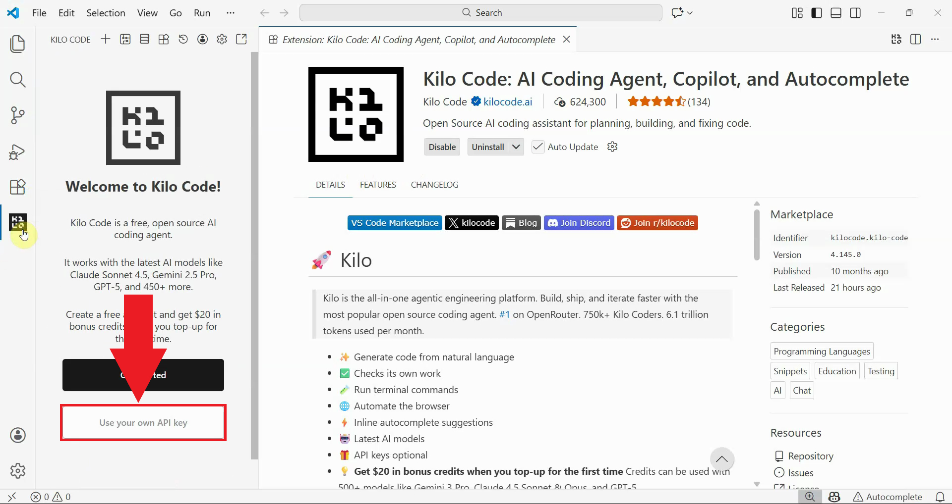 Choose Use your own API Key