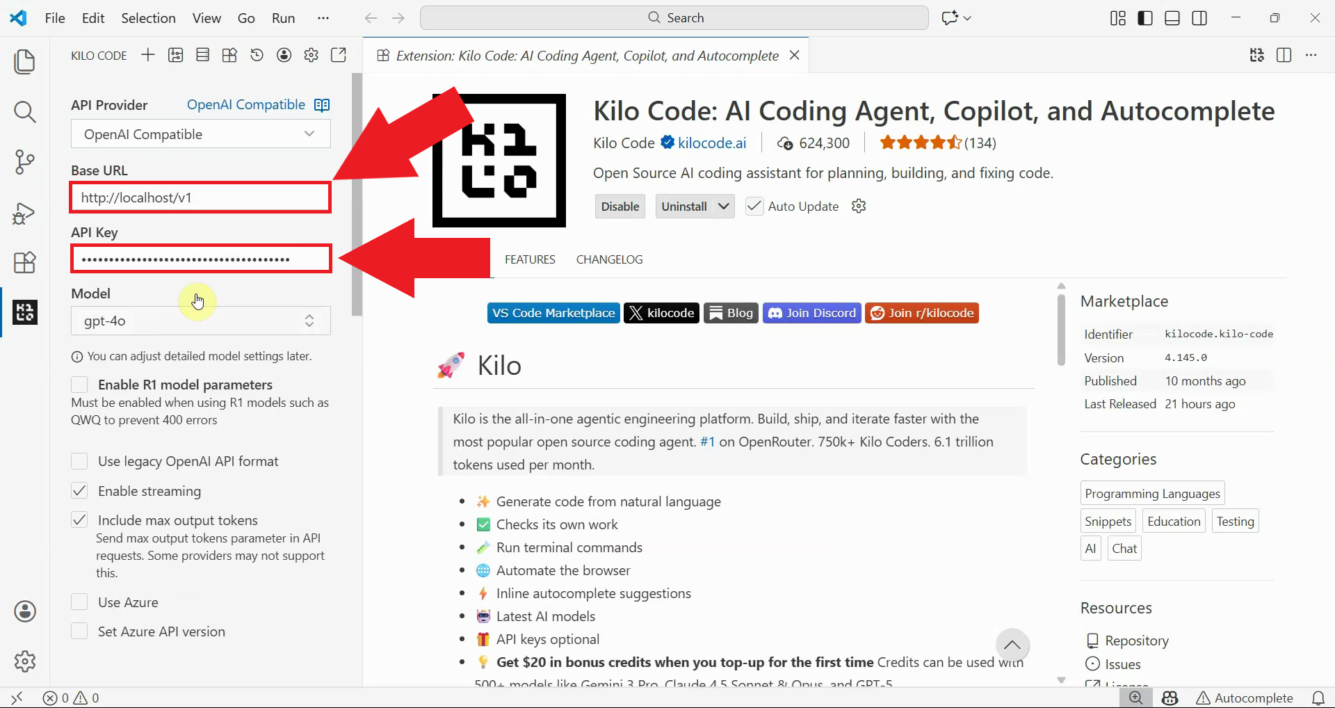 Enter base URL and API key
