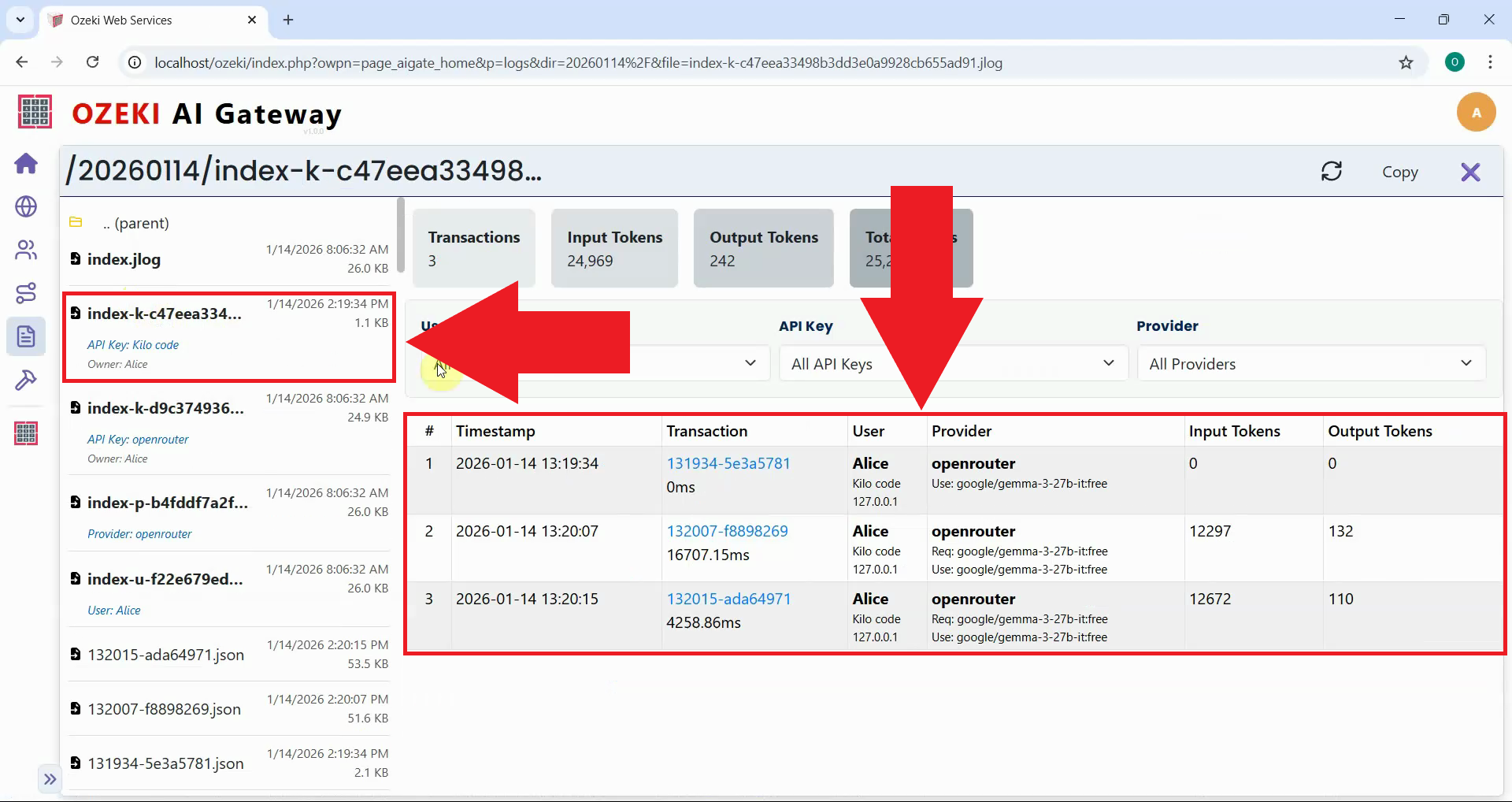 View Kilo Code transaction log