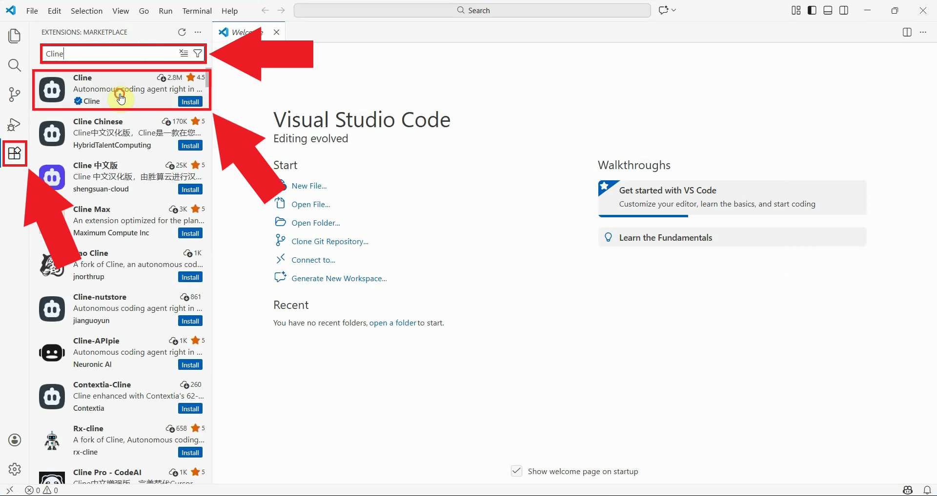 Search Cline in extensions
