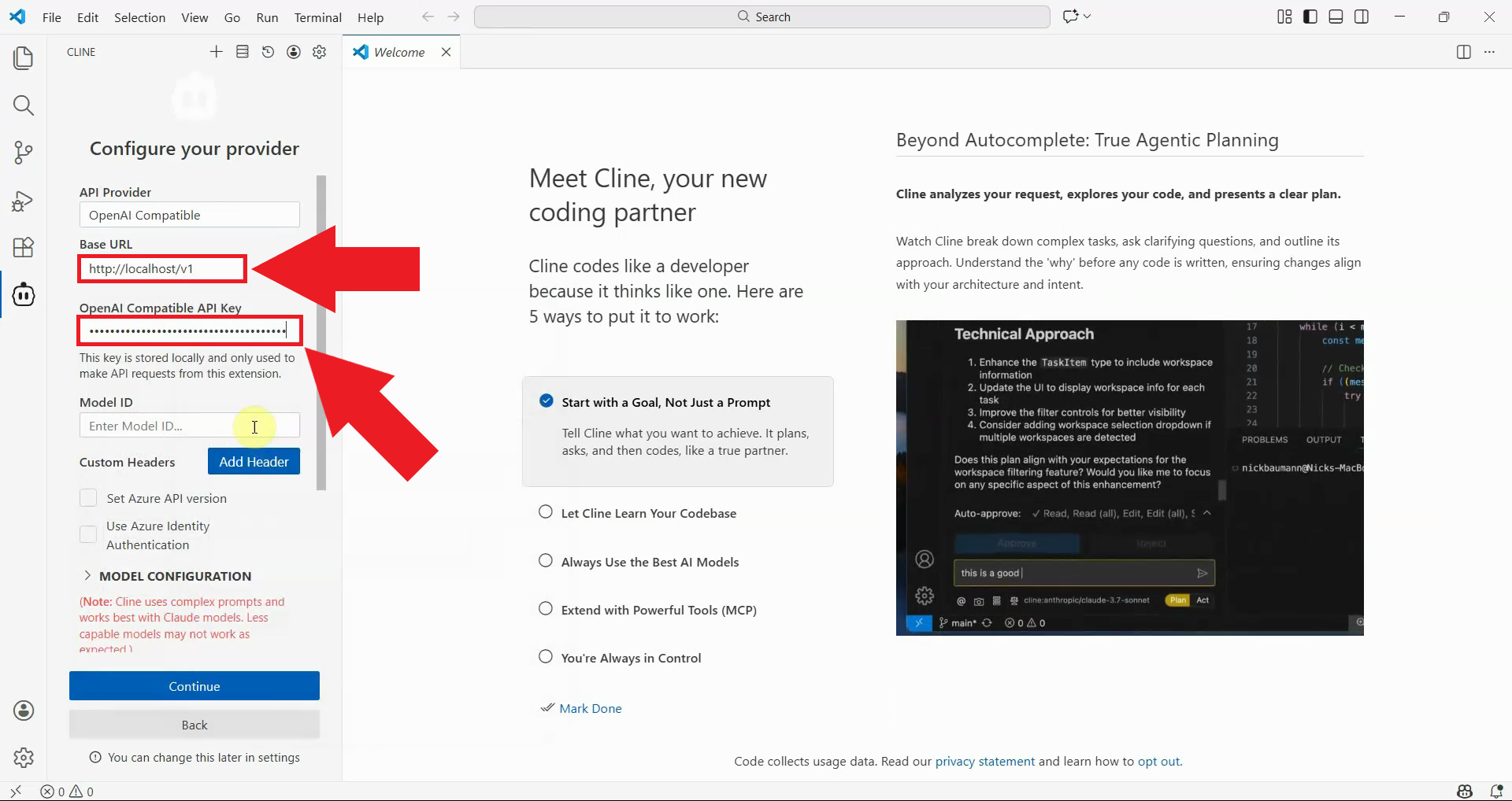 Enter base URL and API key