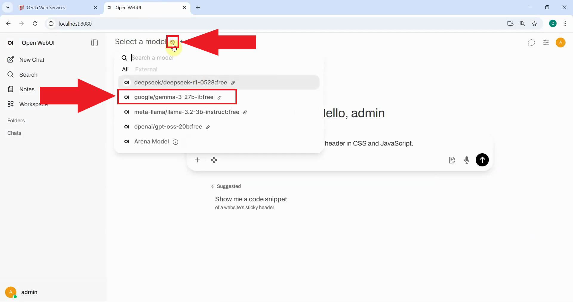 Select new model in Open WebUI