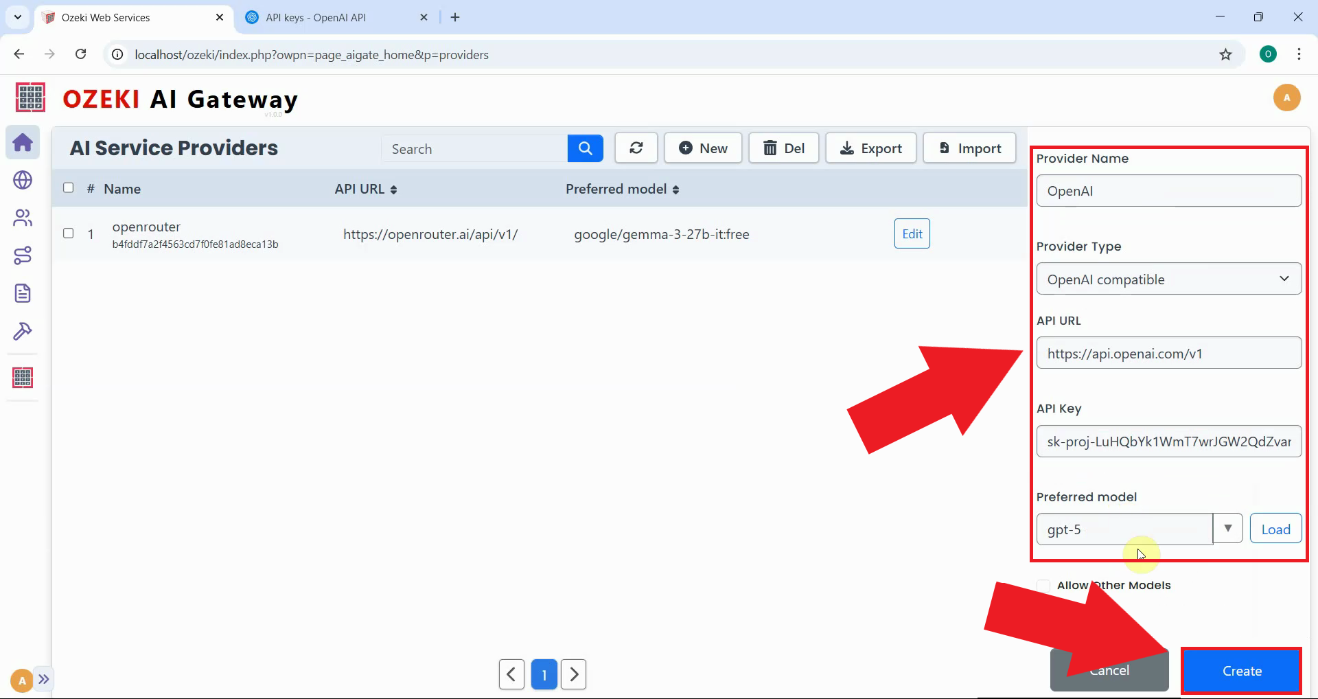 Enter OpenAI provider details