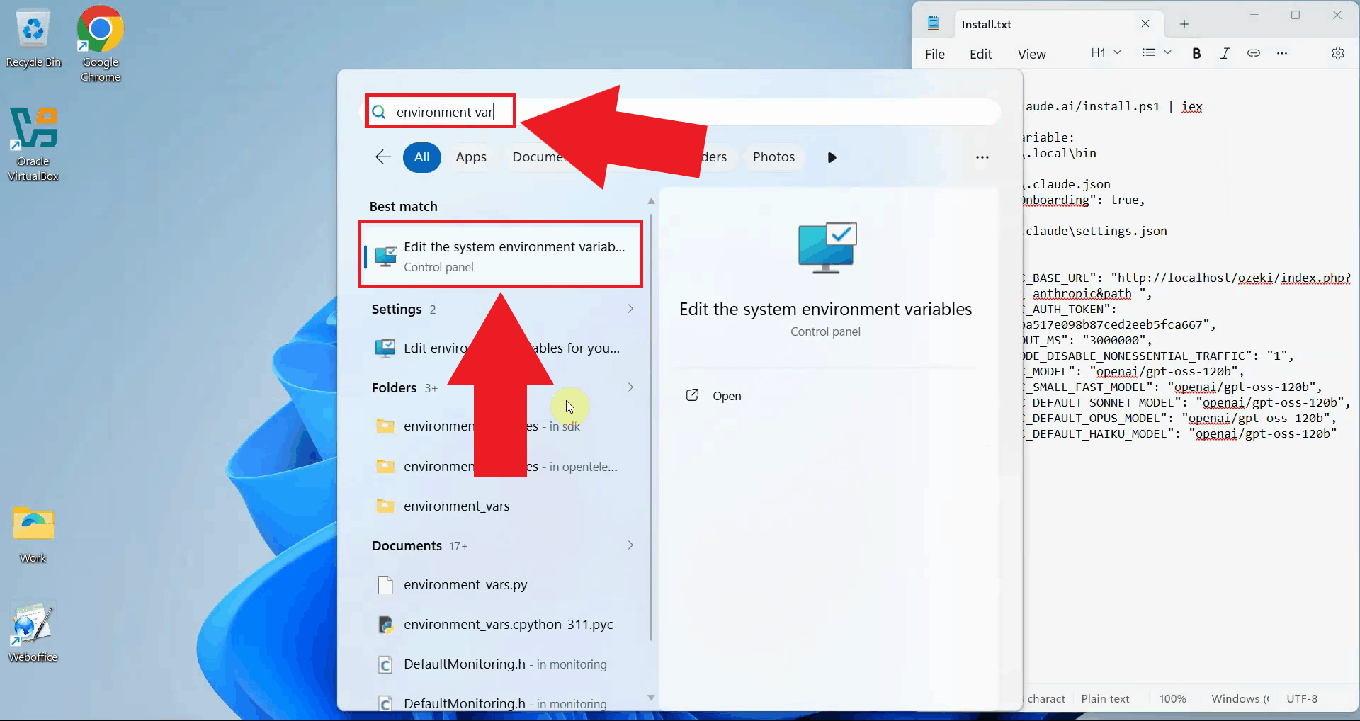 Open environment variables panel