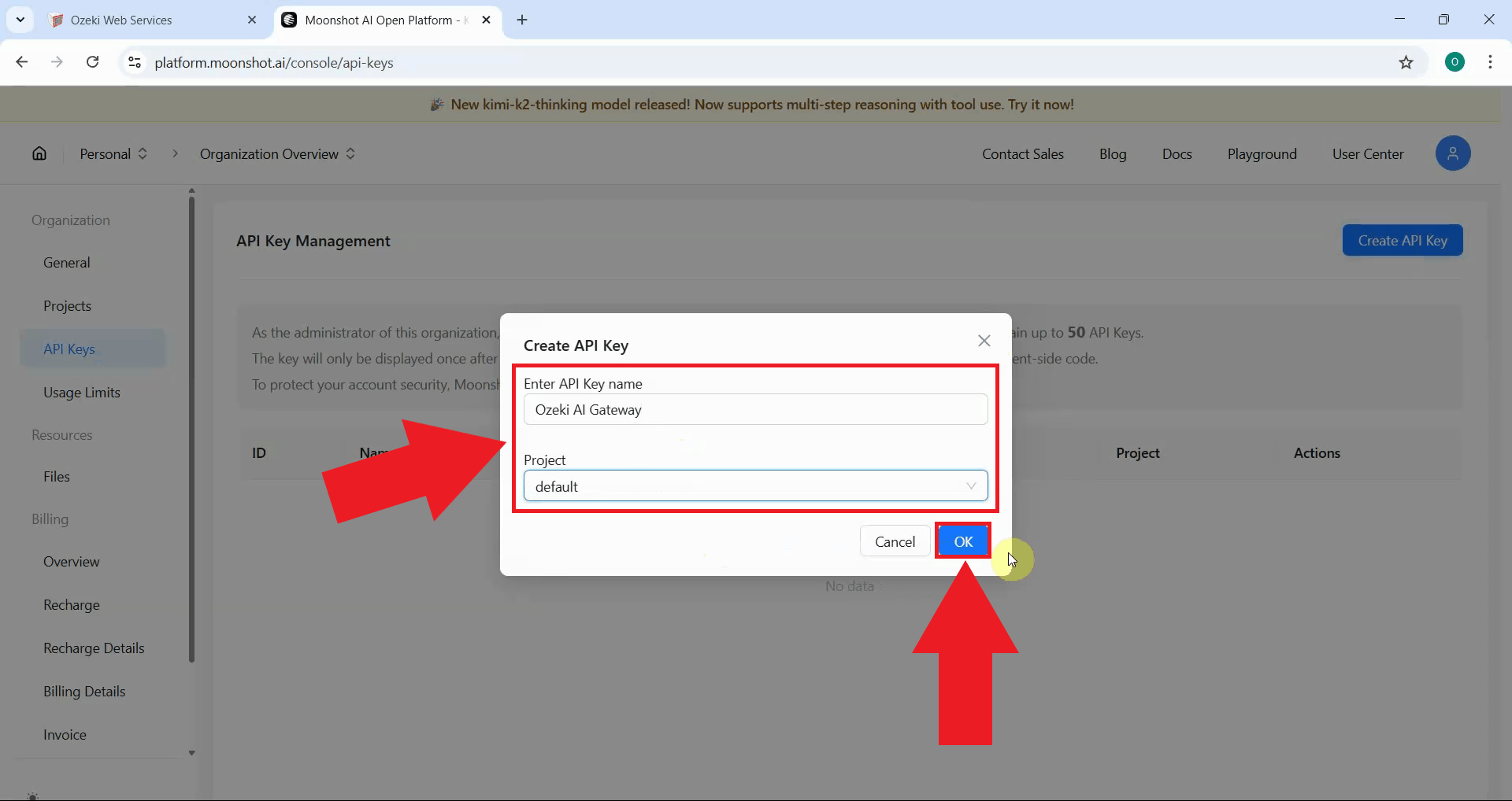 Enter key name and project