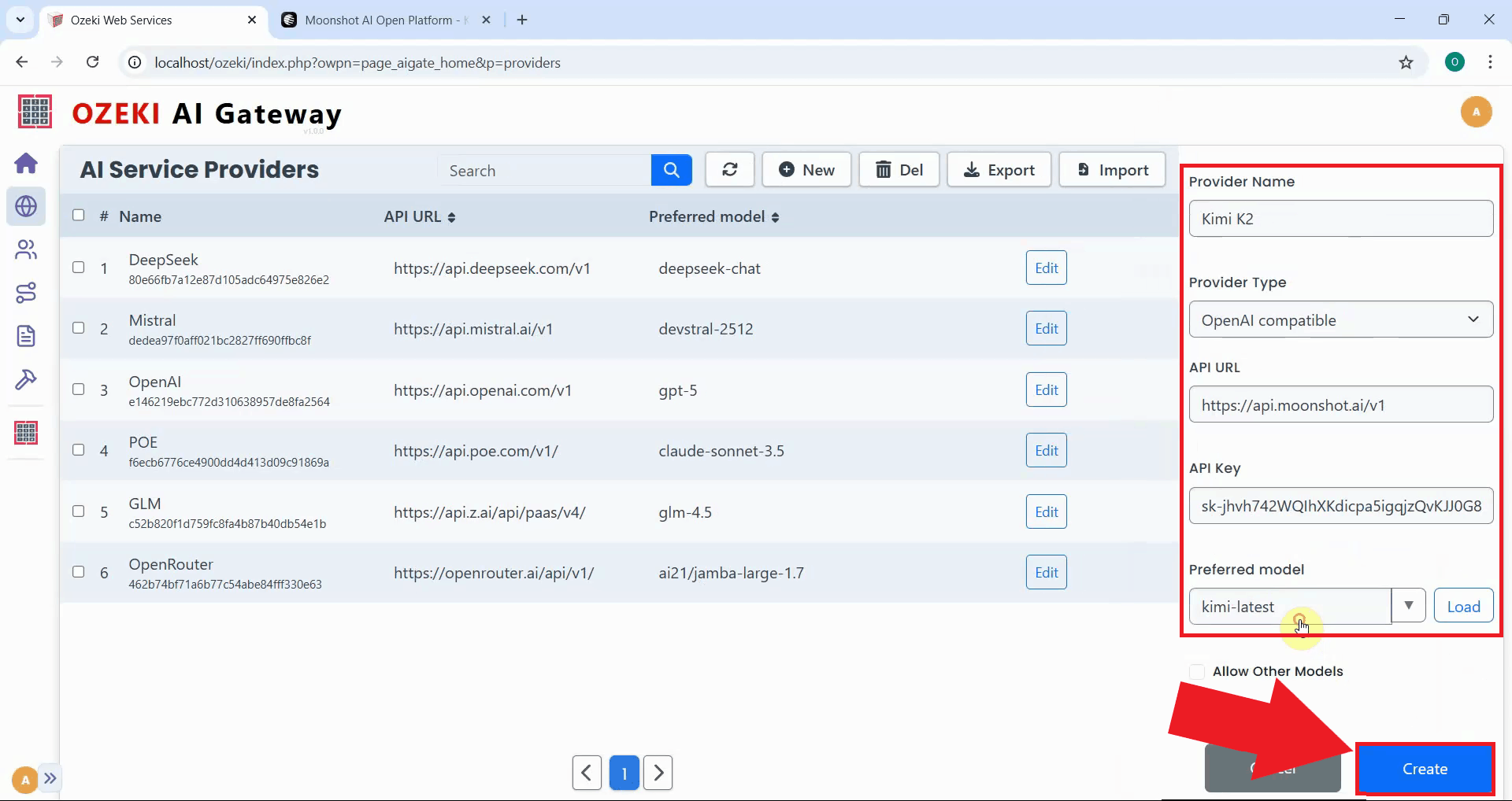 Enter Kimi K2 provider details
