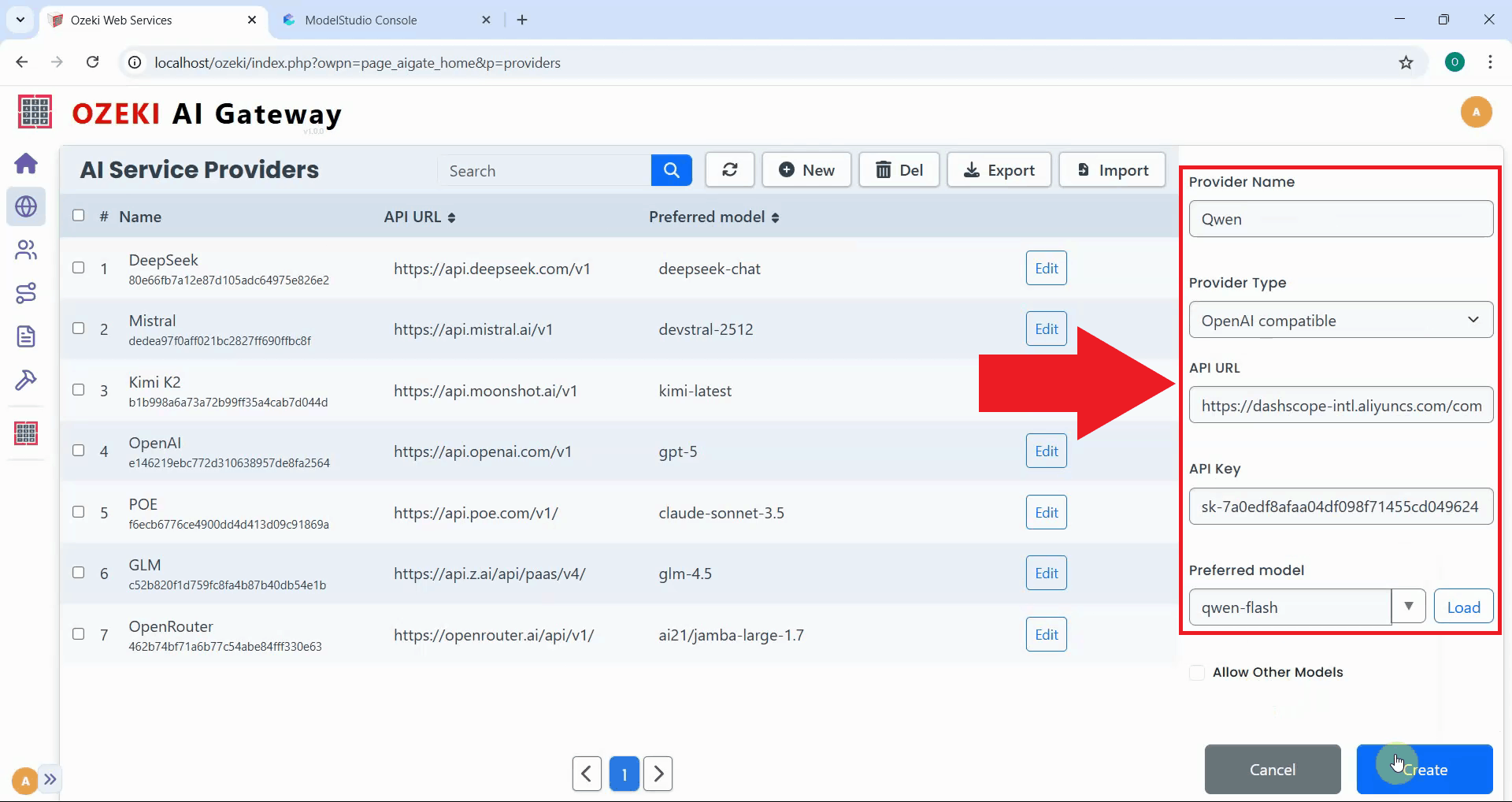 Enter Qwen provider details