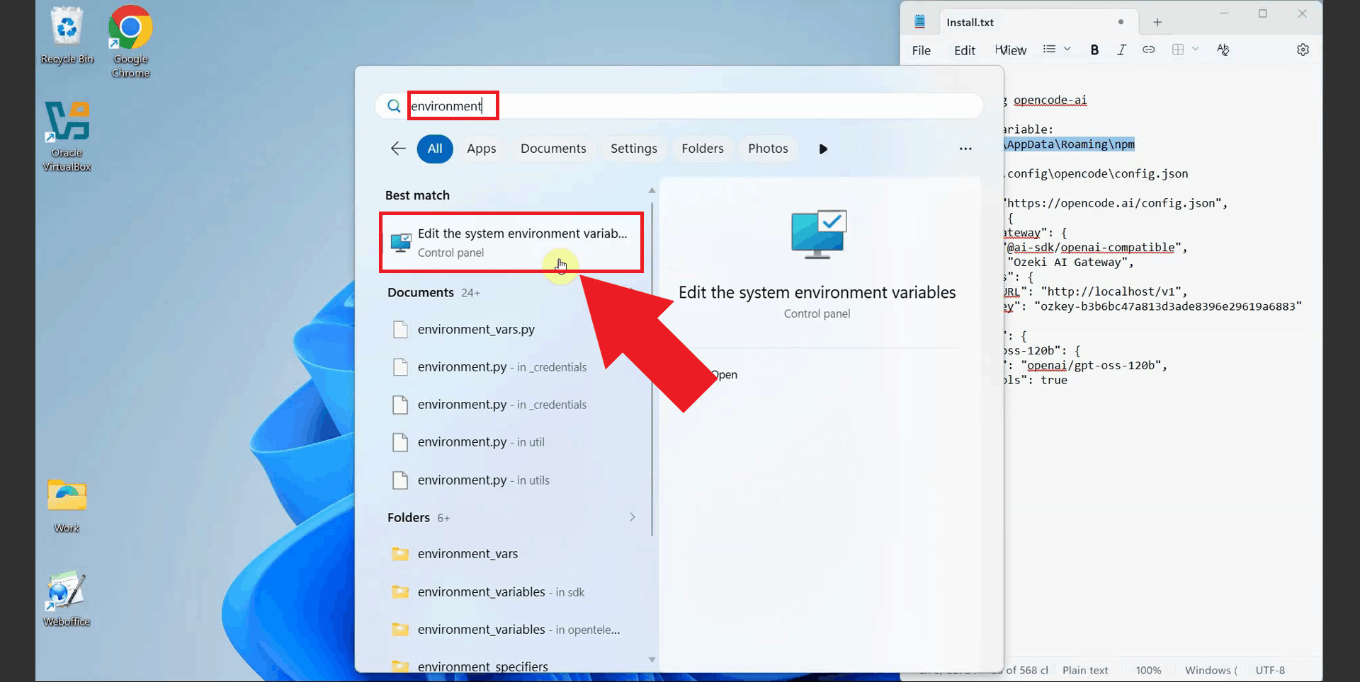 Open environment variables panel
