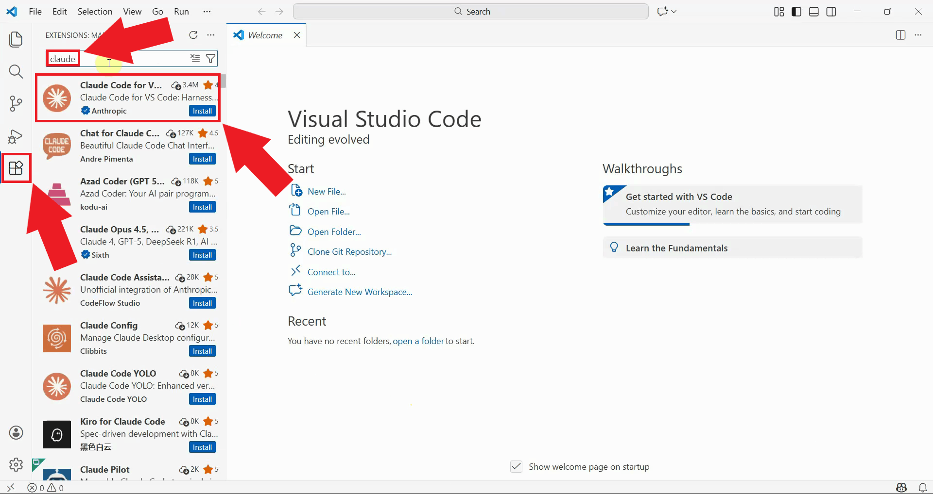 Search for Claude in extensions