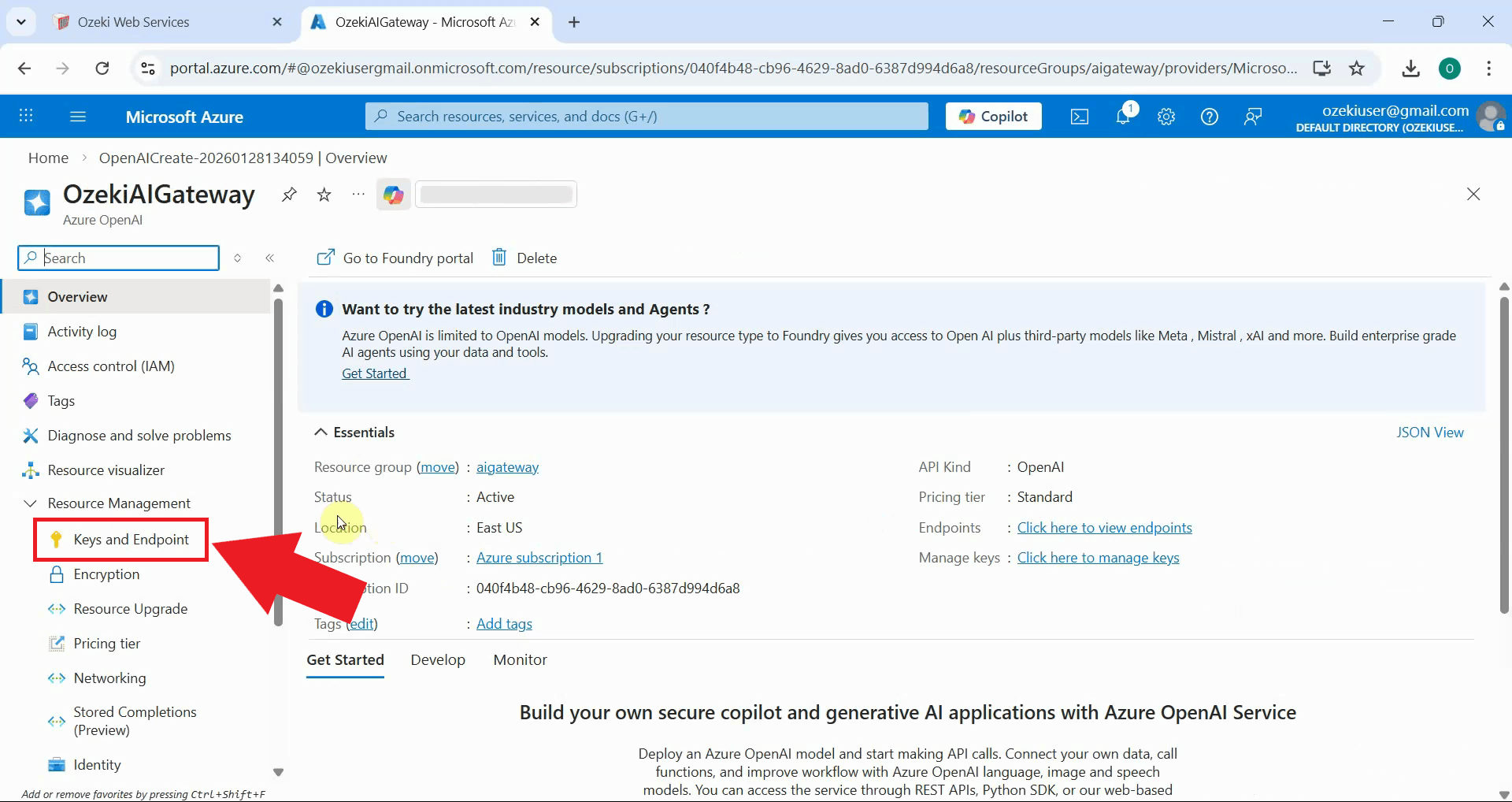 Go to Keys and Endpoint