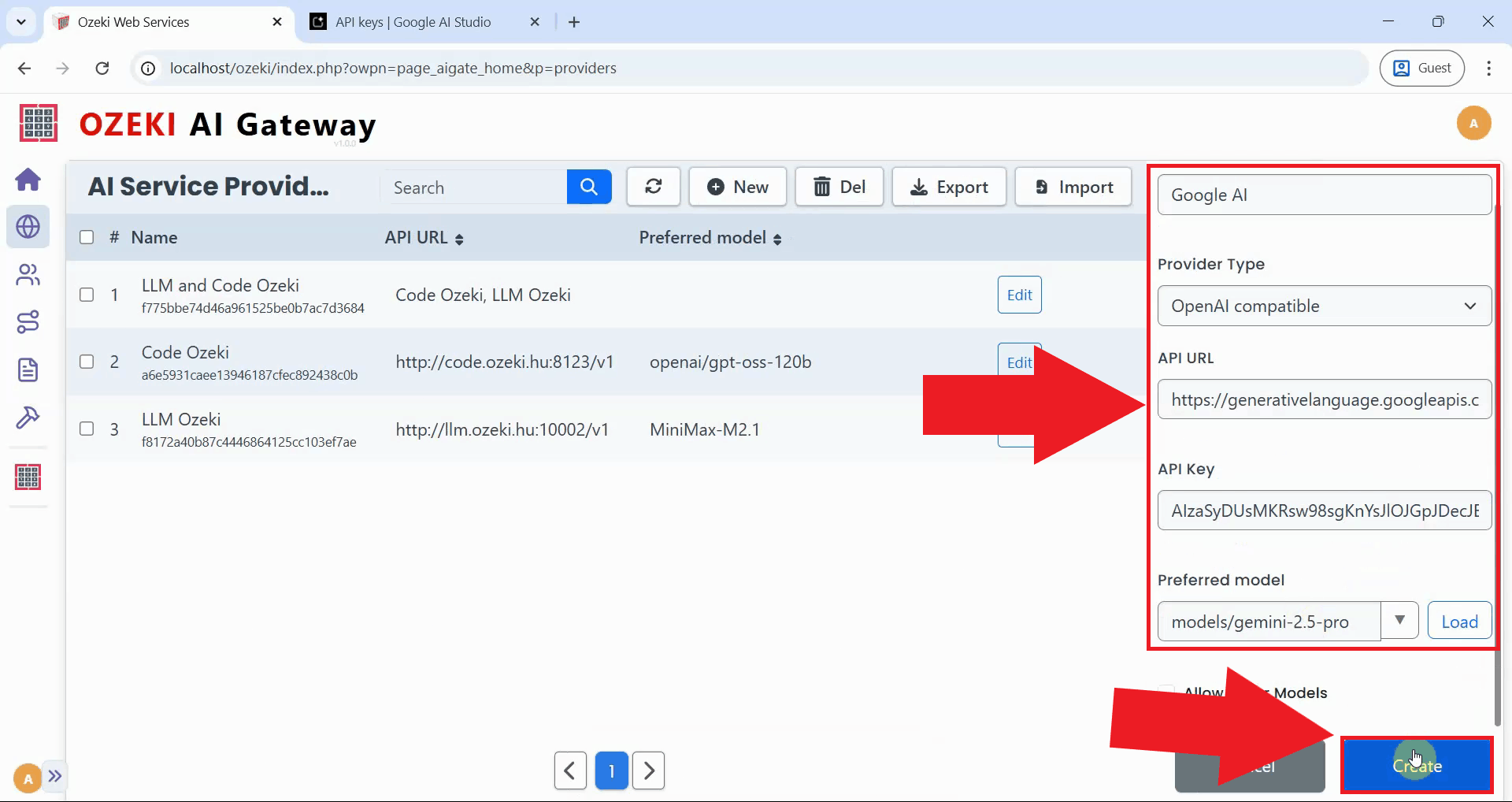 Enter details and create provider