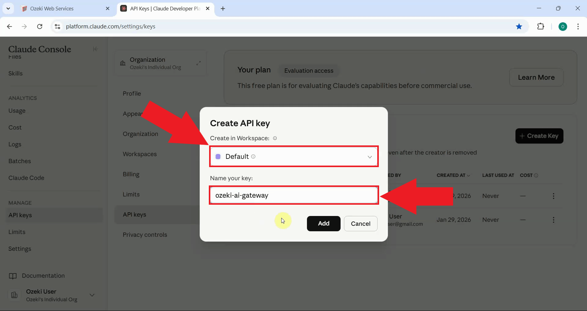 Choose workspace and key name