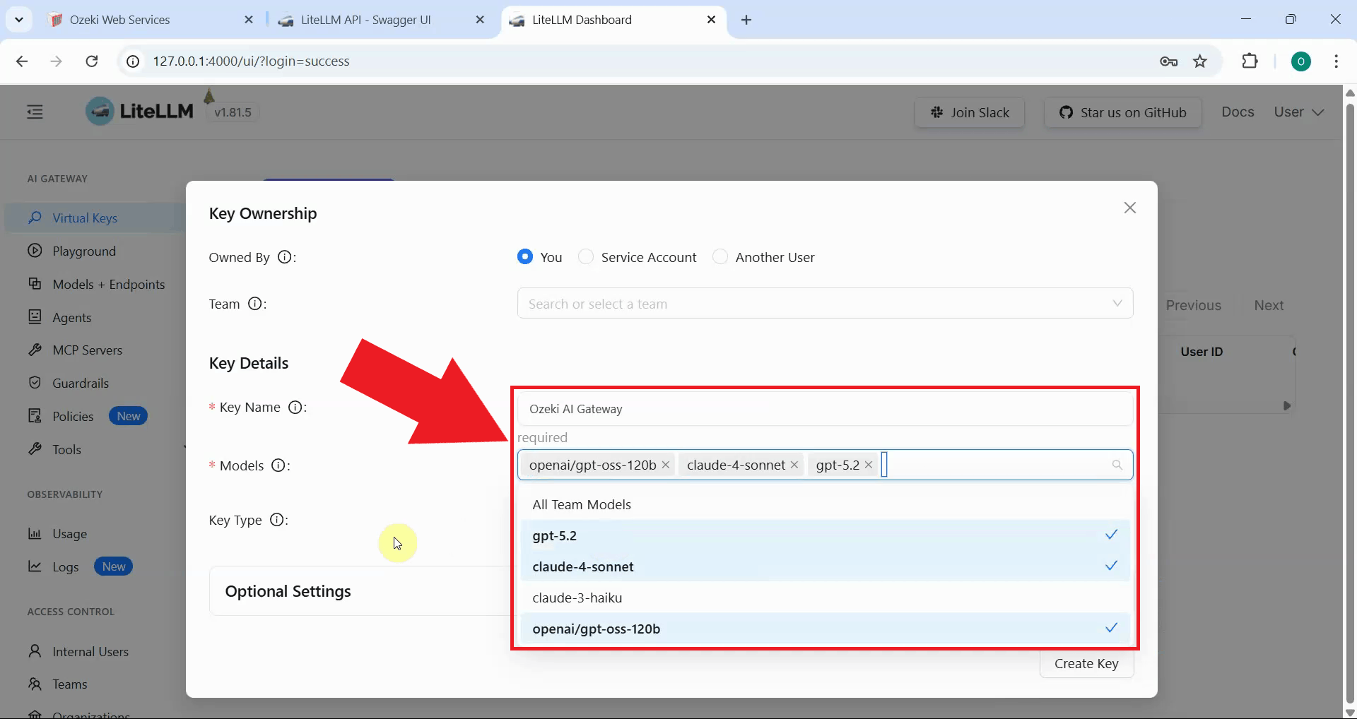 Enter key name and choose models
