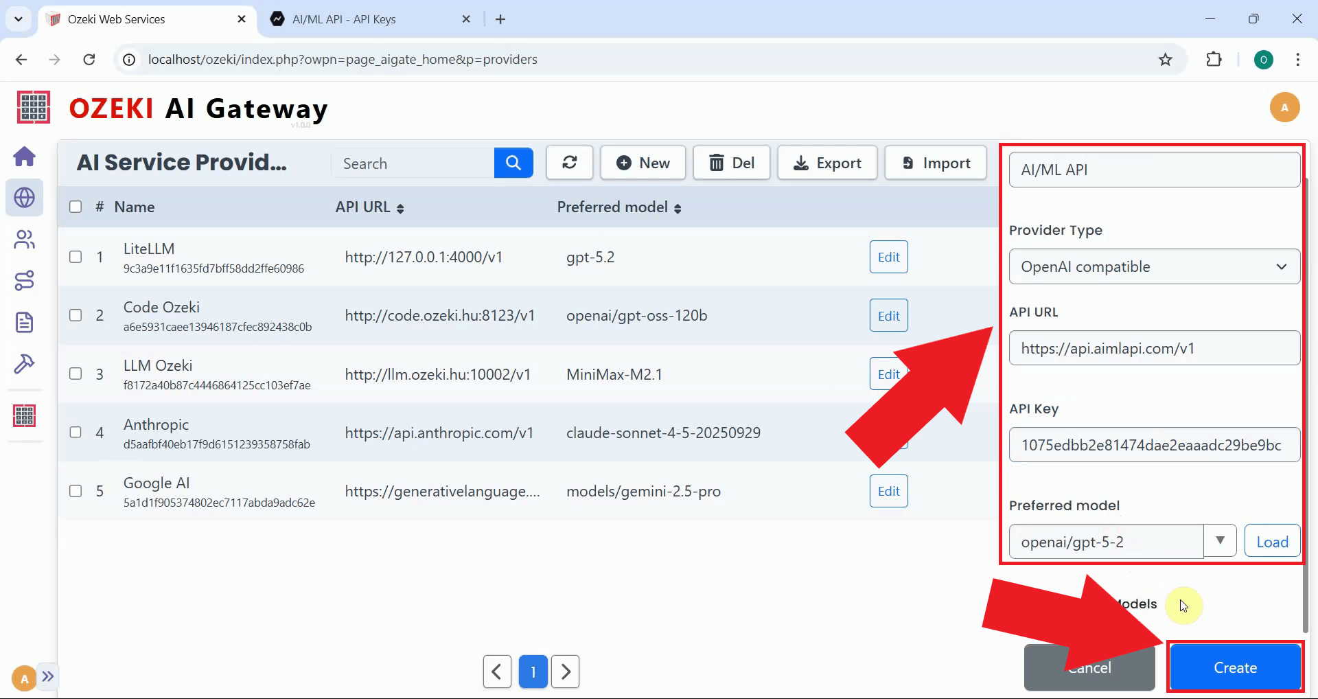 Enter details and create provider