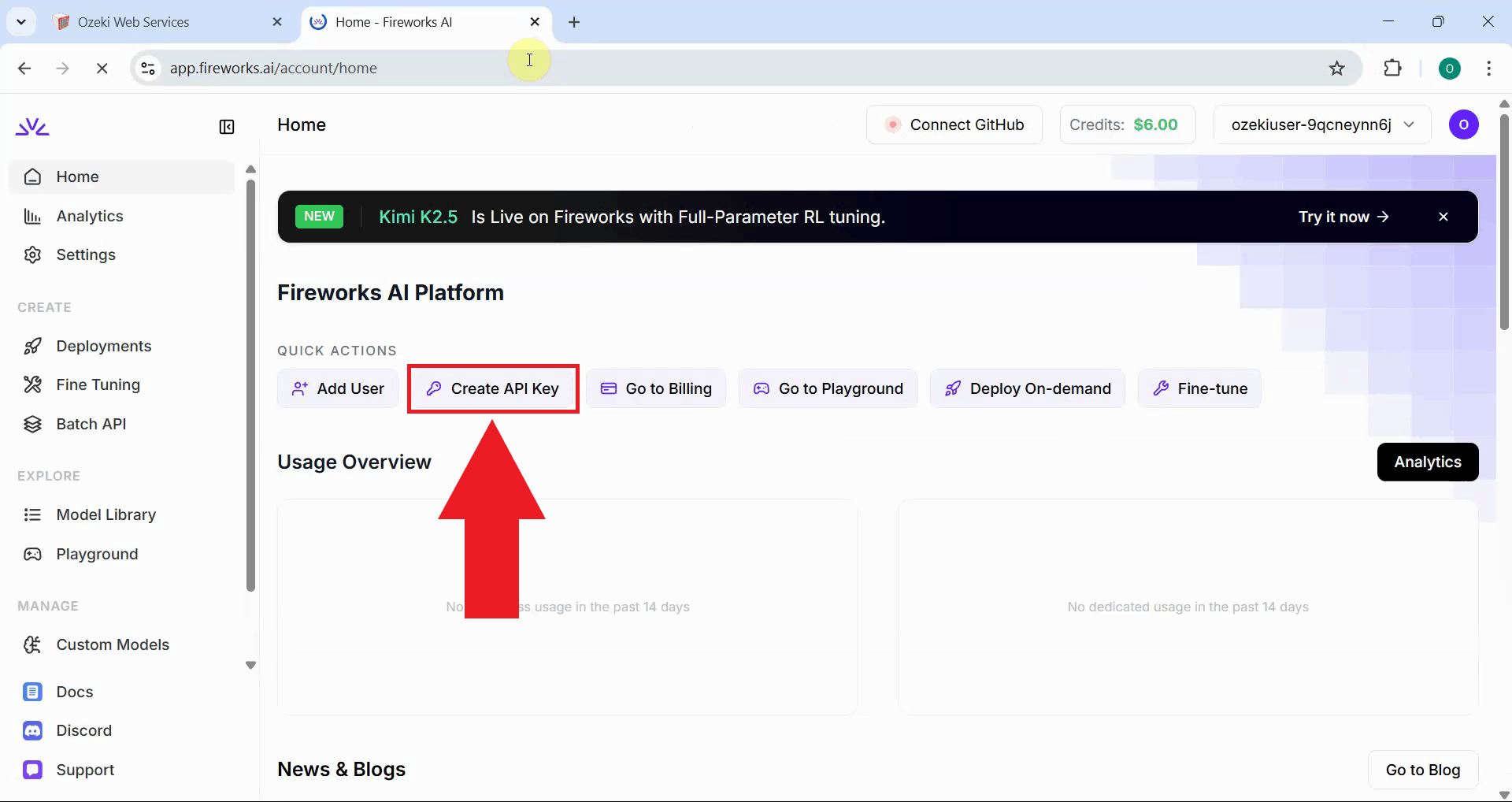 Choose Create API Key quick action