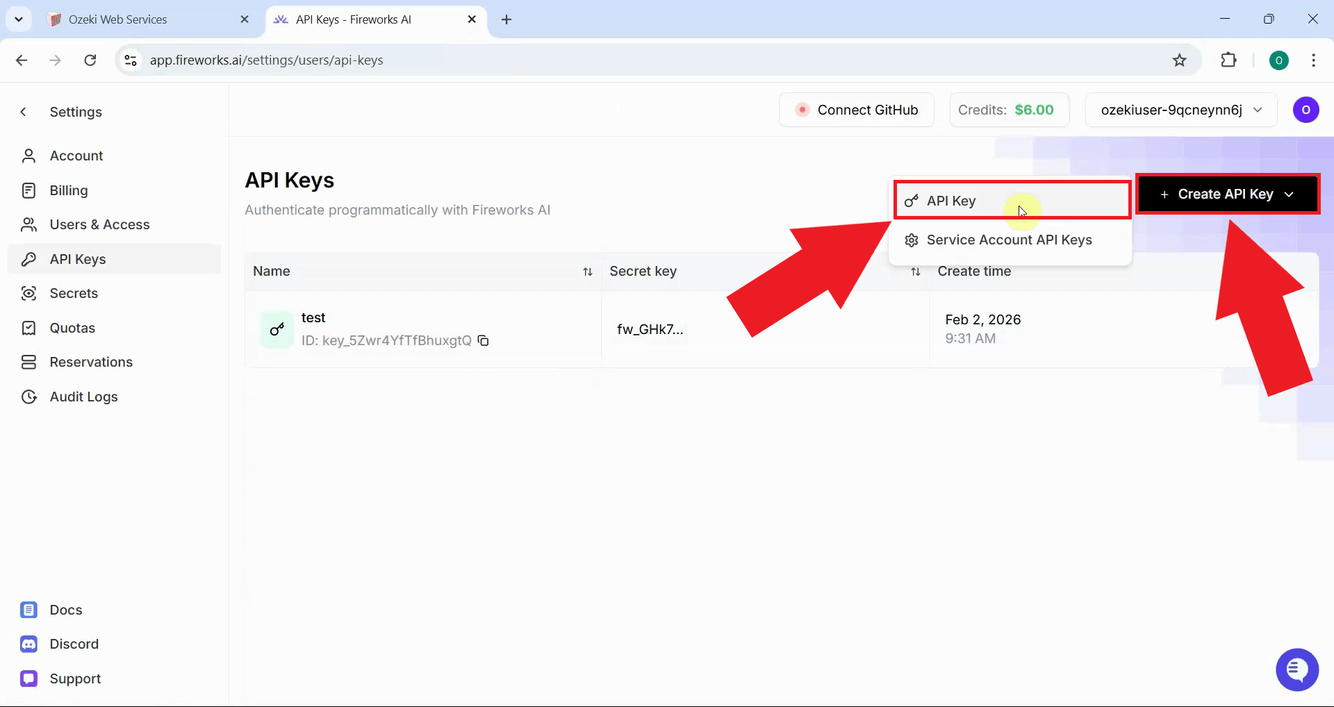 Begin API key creation