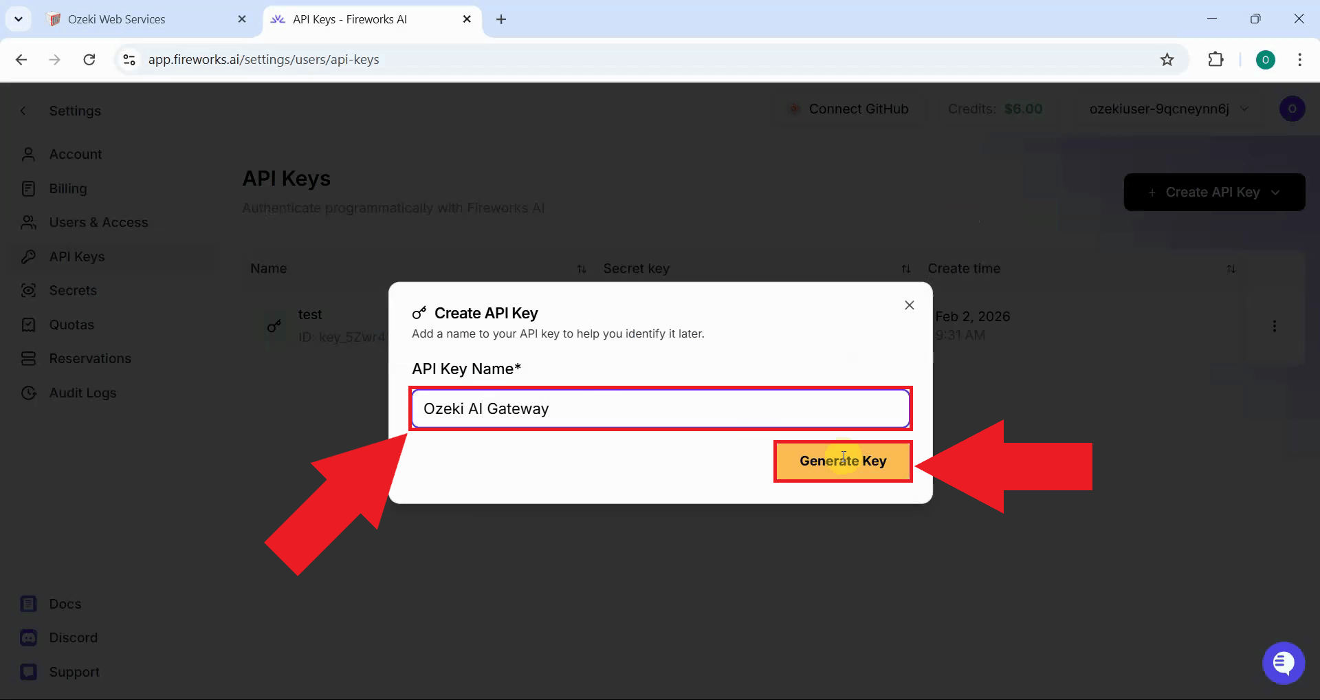 Enter key name and generate