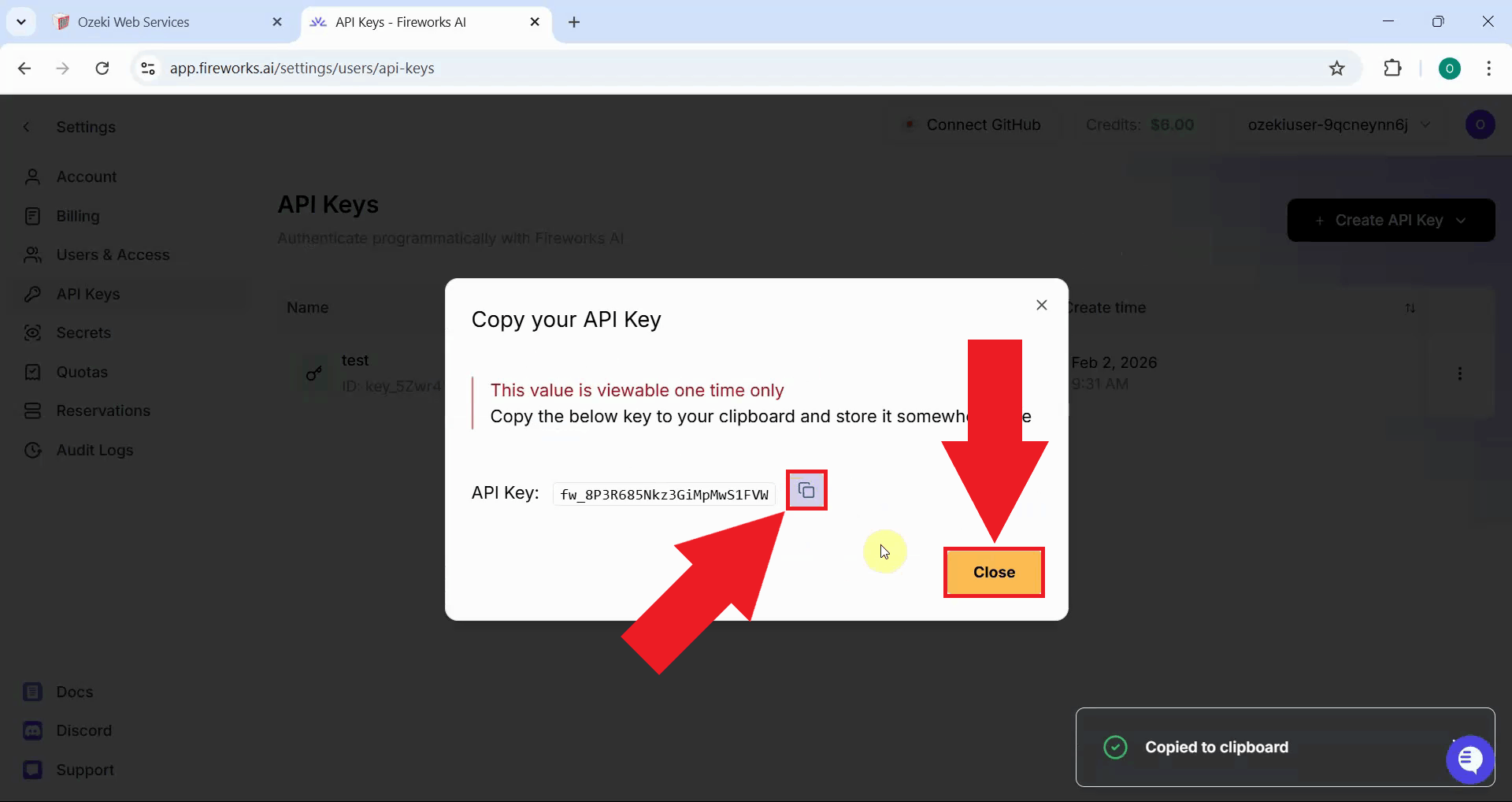 Copy key and close window