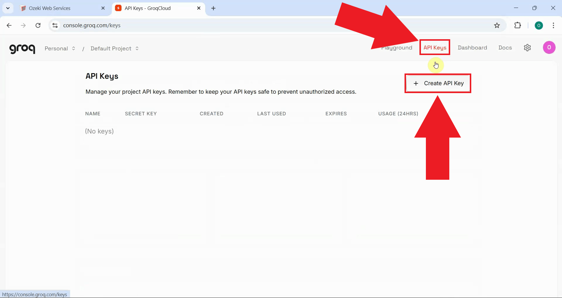 Begin API key creation
