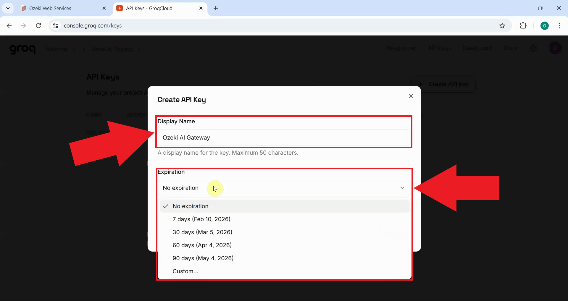 Set key name and expiration