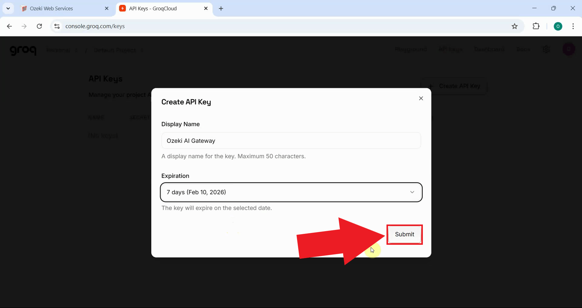Press submit to generate key