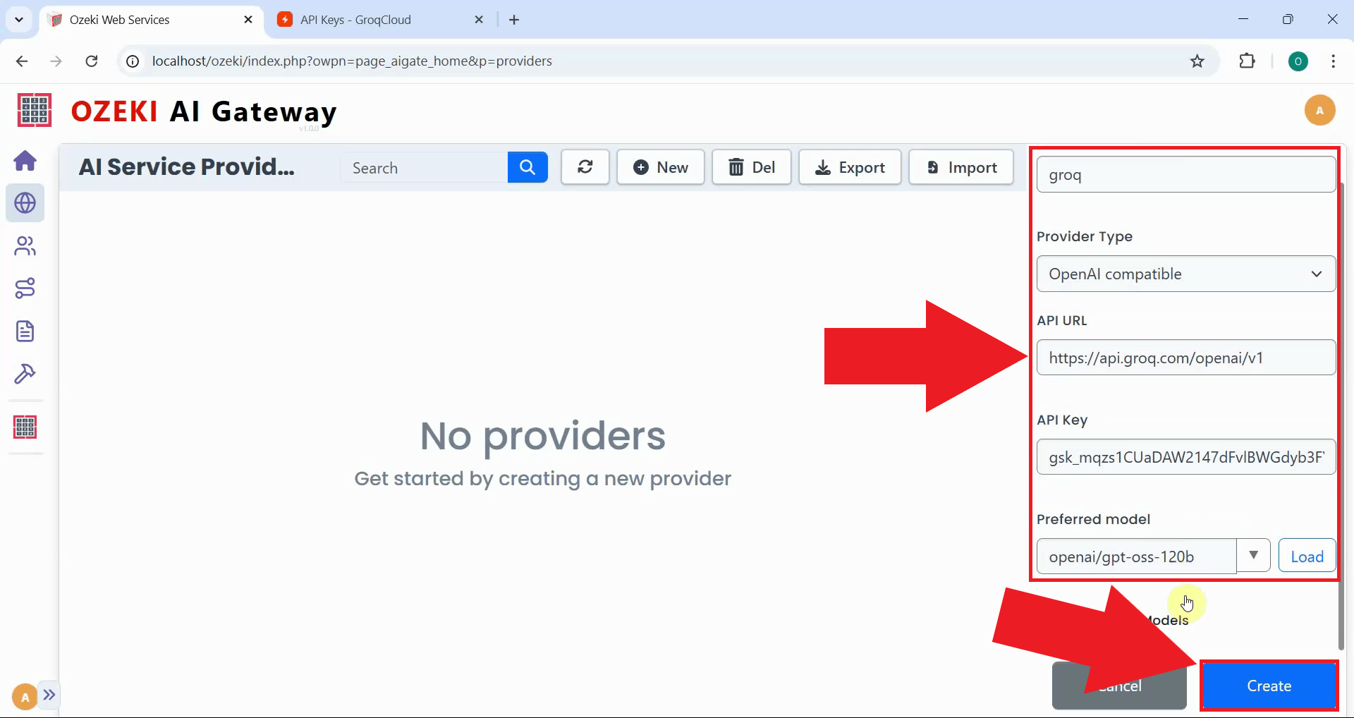 Enter details and create provider