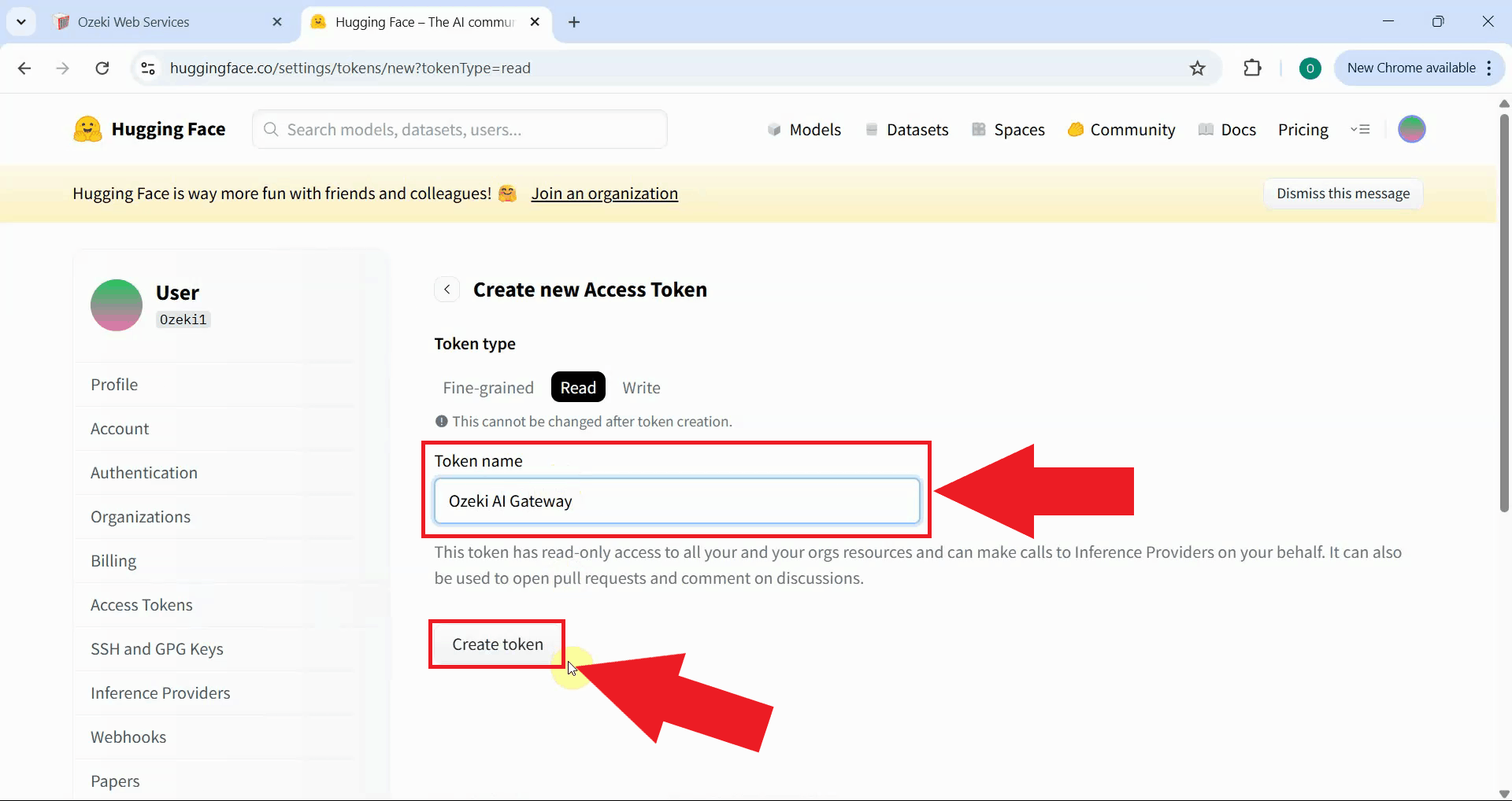 Enter details and create token