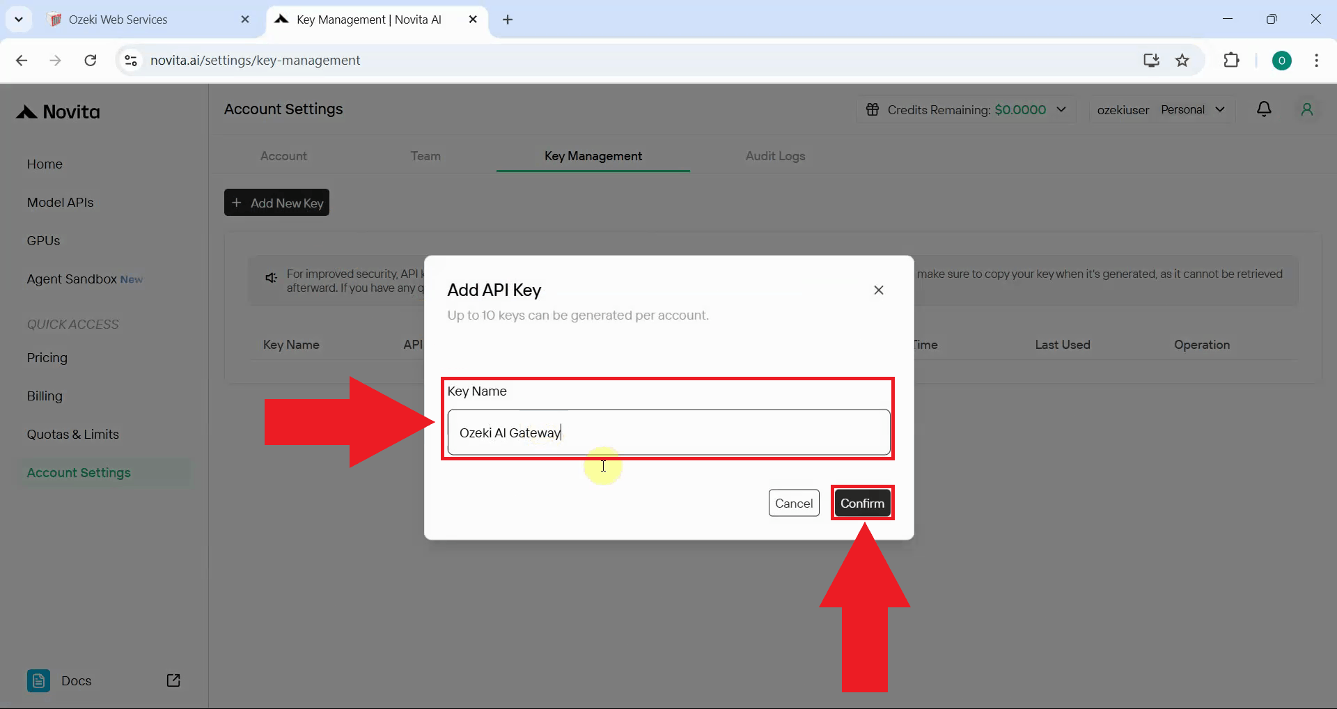 Enter details and generate key