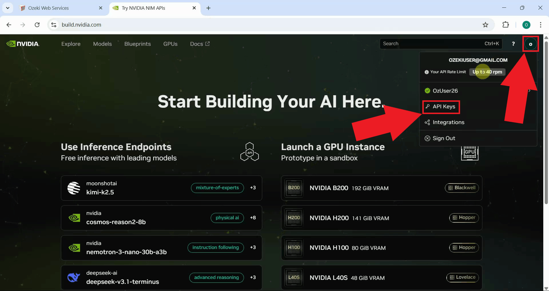 Open account key management page