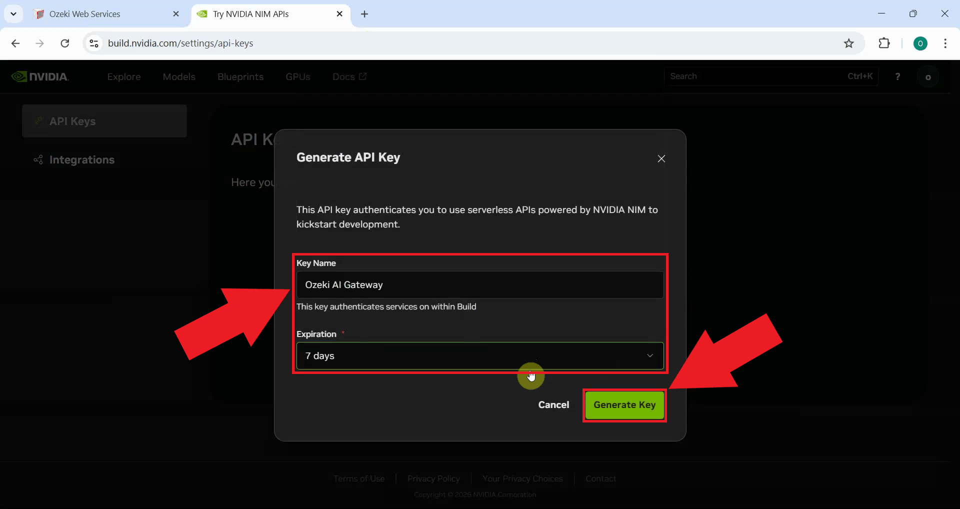 Enter details and create key
