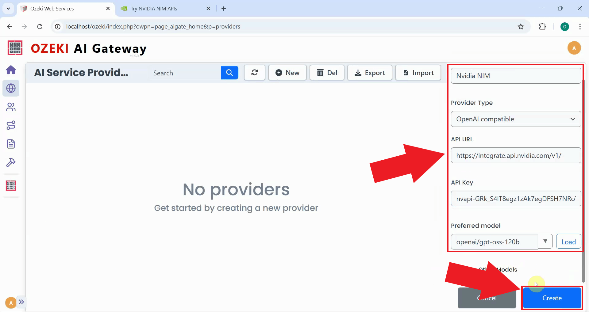 Enter details and create provider