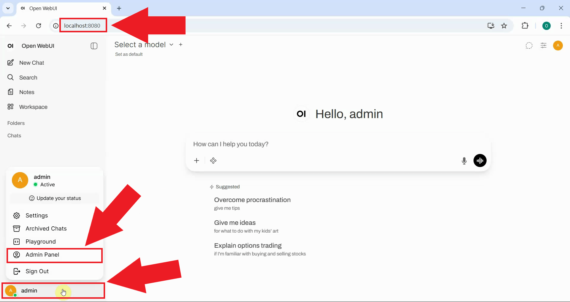 Open admin panel in Open WebUI
