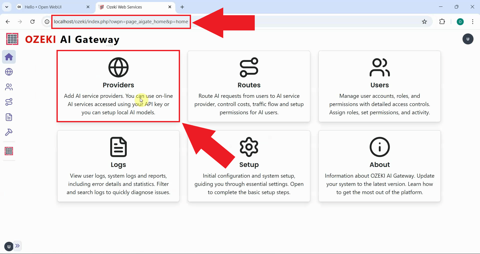 Open Providers page in Ozeki AI Gateway