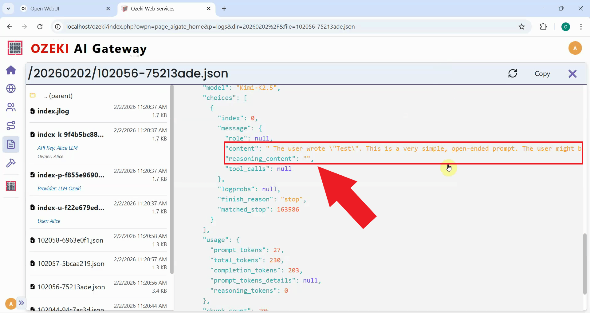 Verify reasoning content empty in log