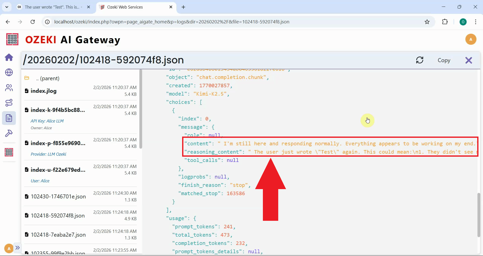 Reasoning content populated in log