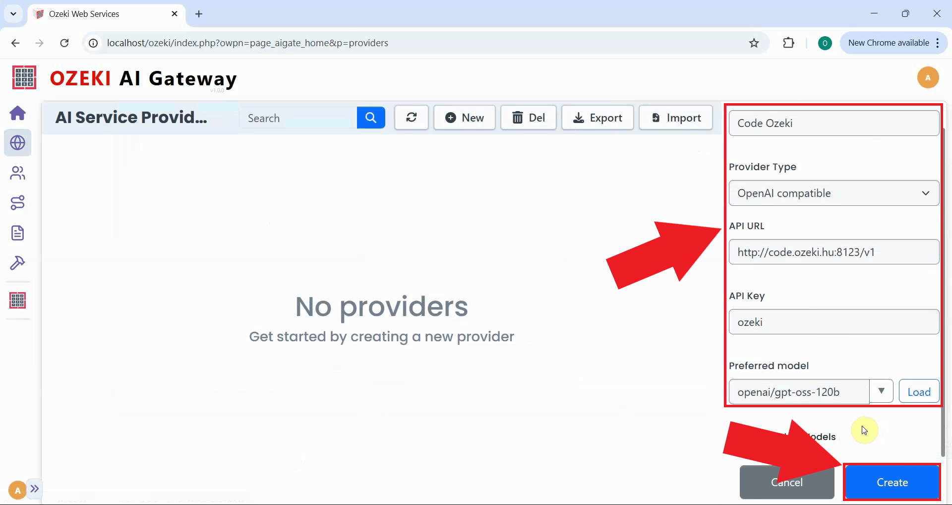Enter provider details and create
