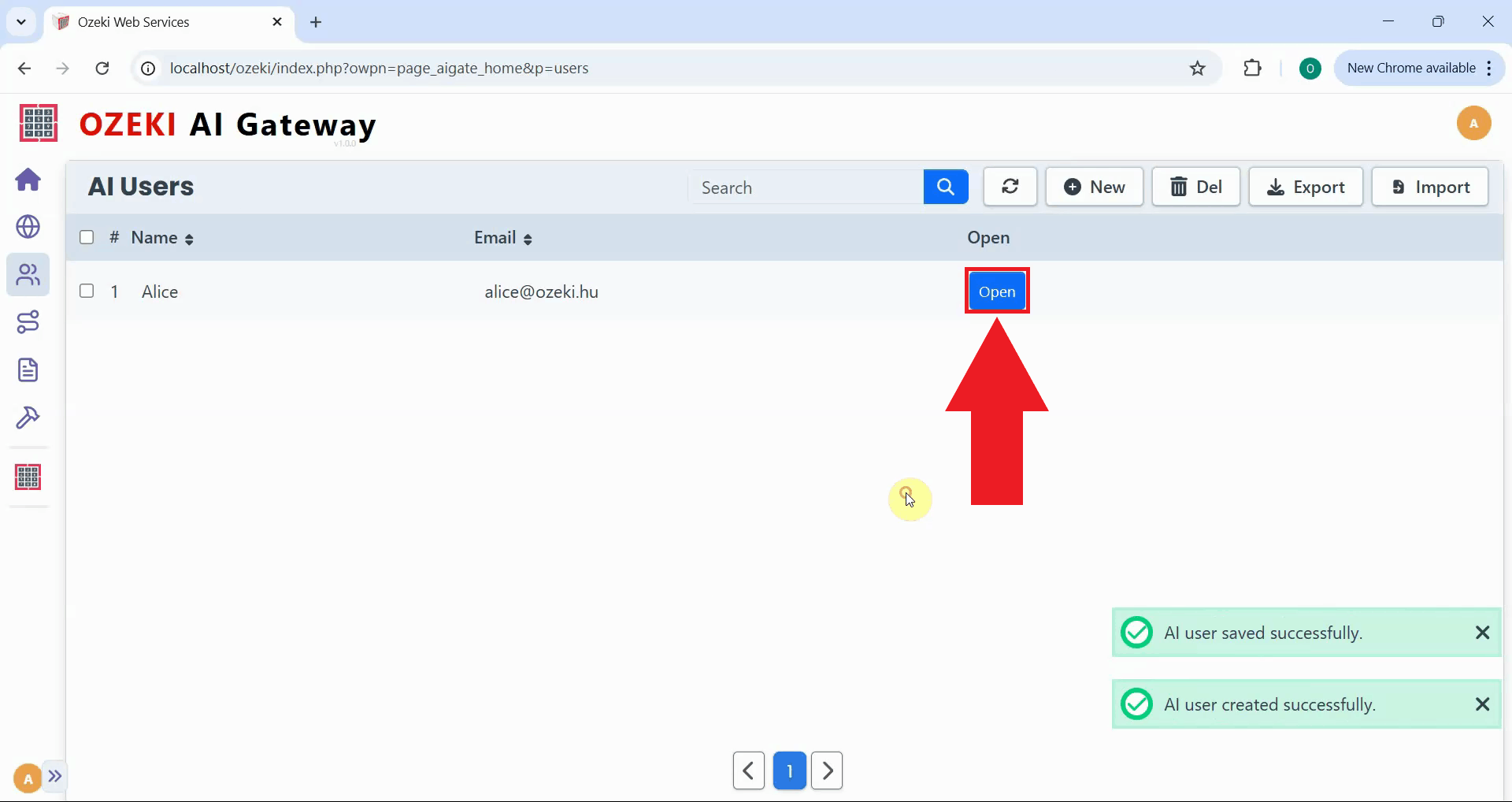 Open user API keys page