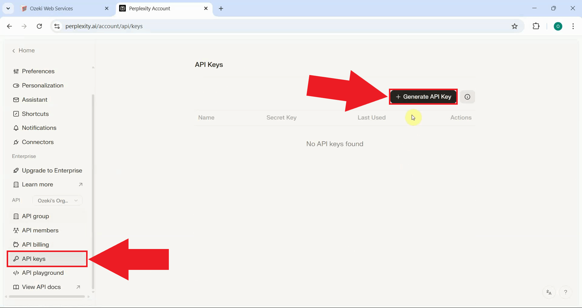 Navigate to API keys and generate key