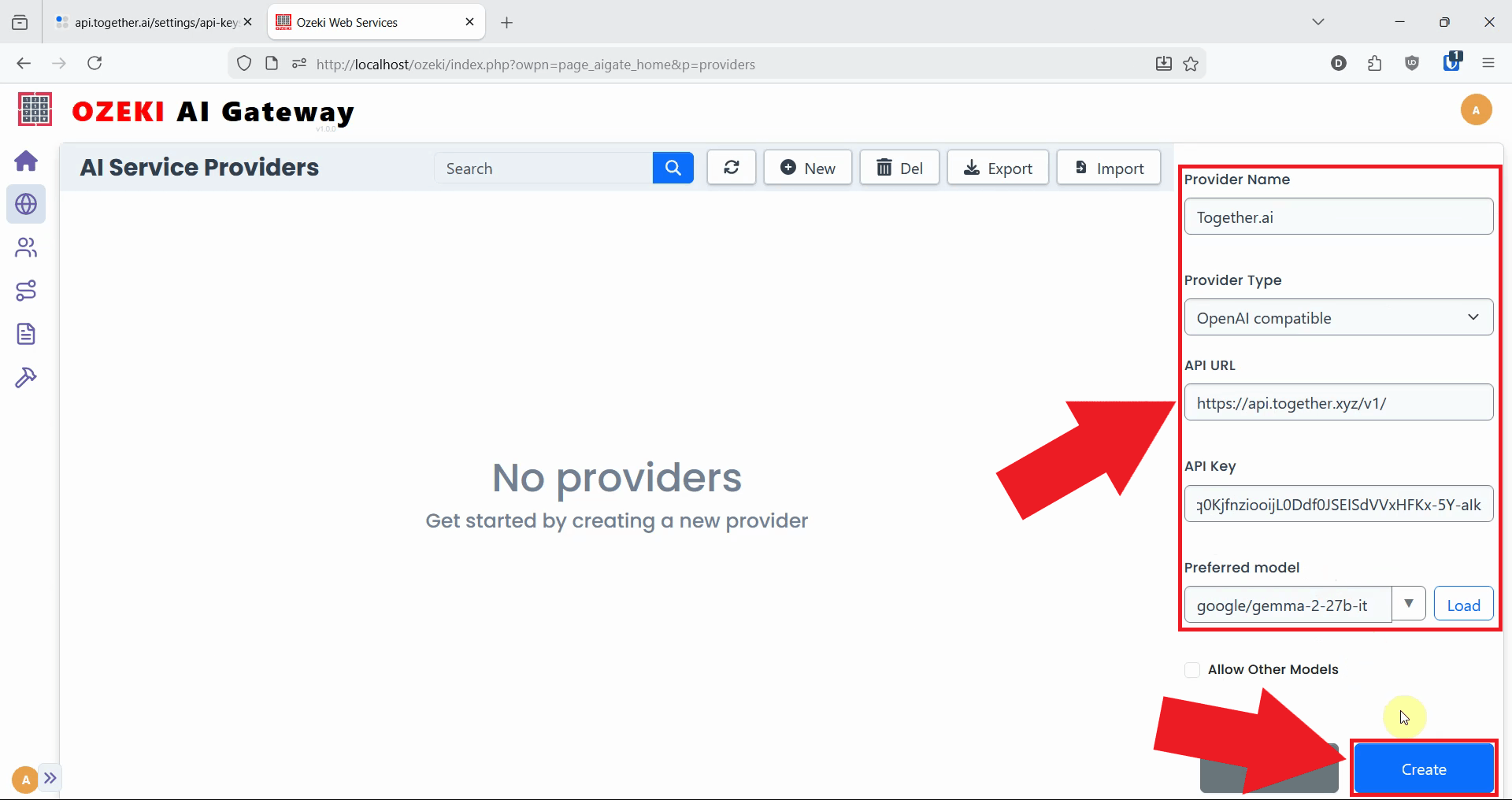 Enter details and create provider