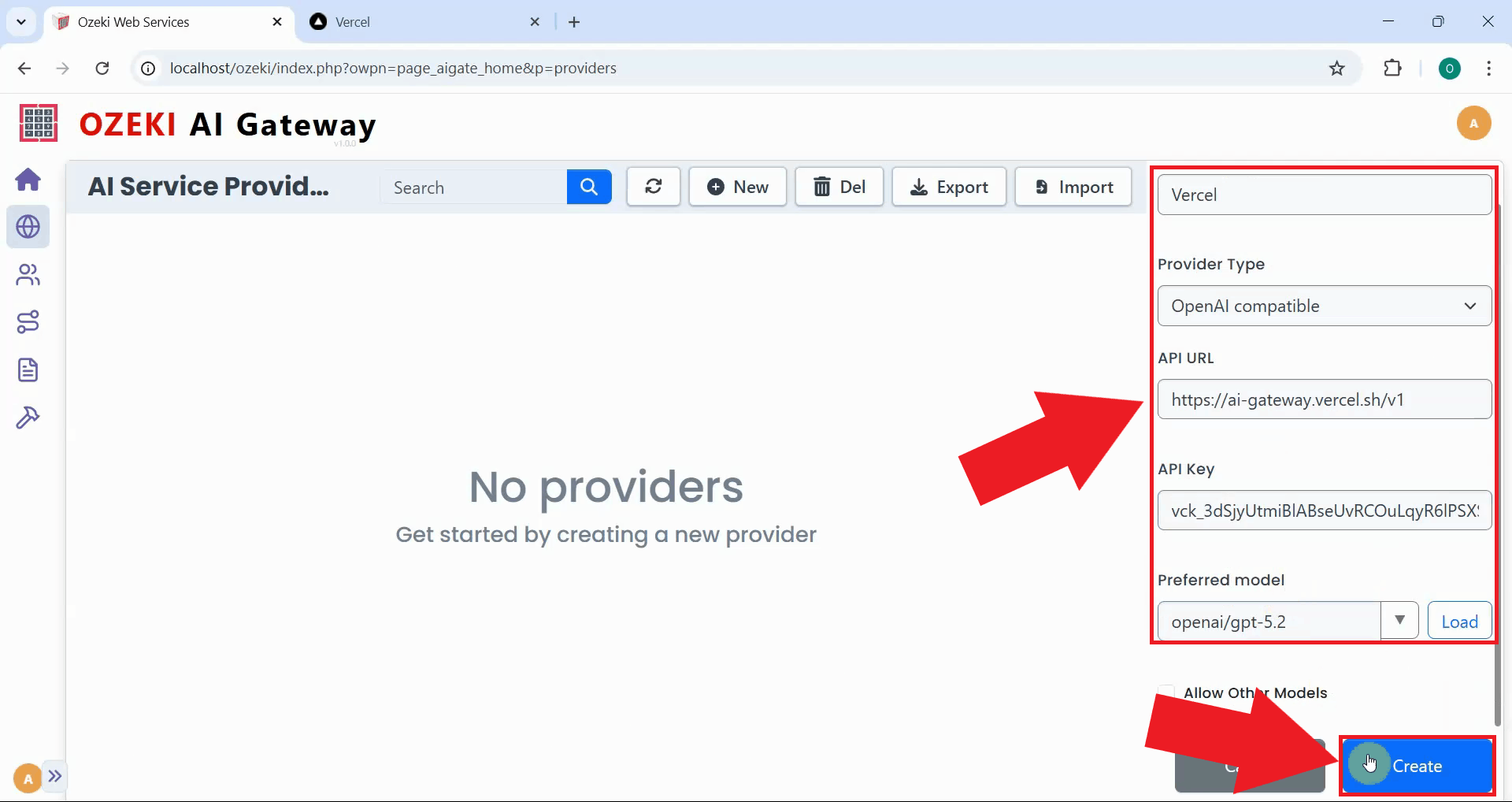 Enter provider details and create