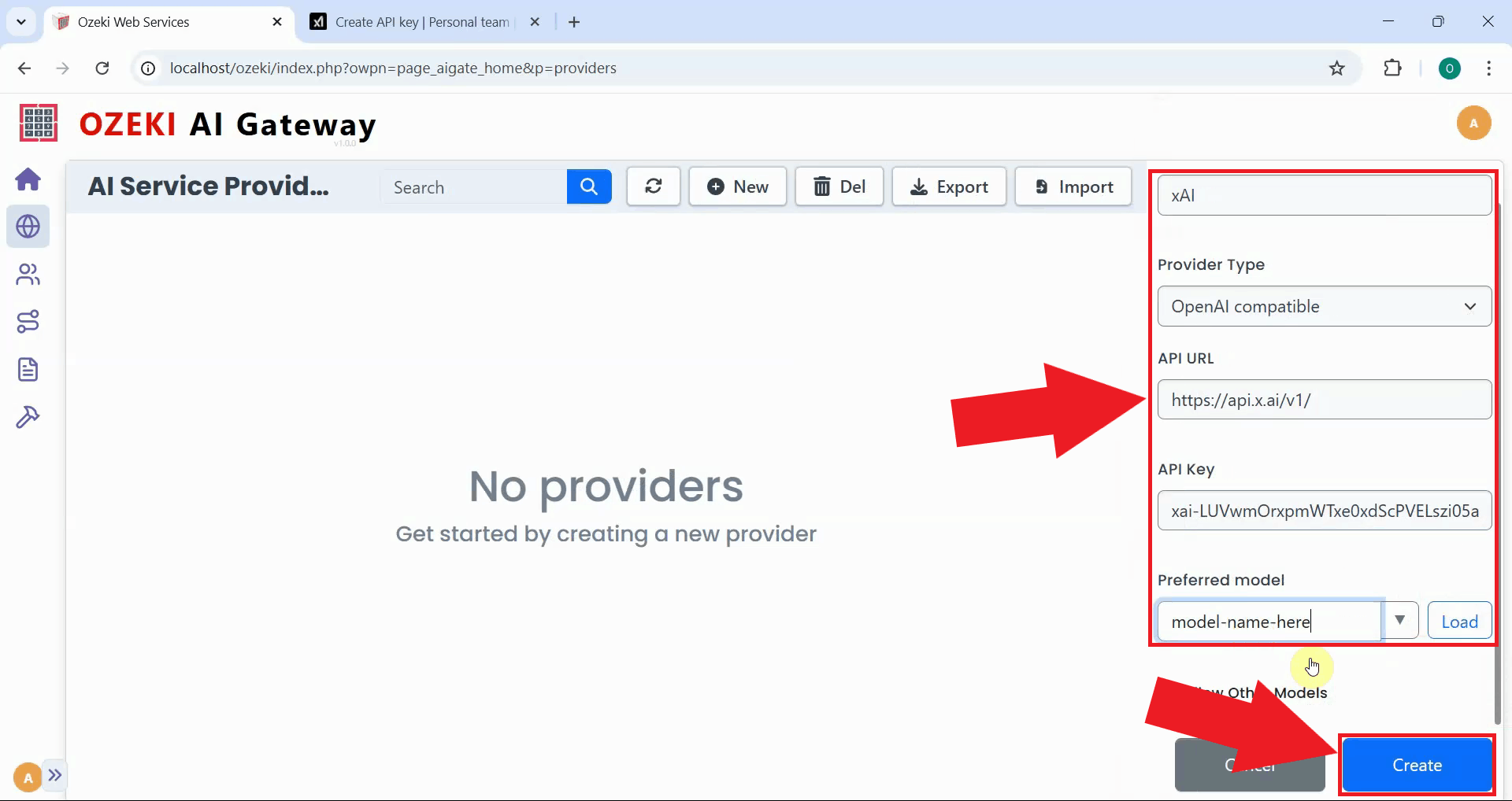 Enter provider details and create