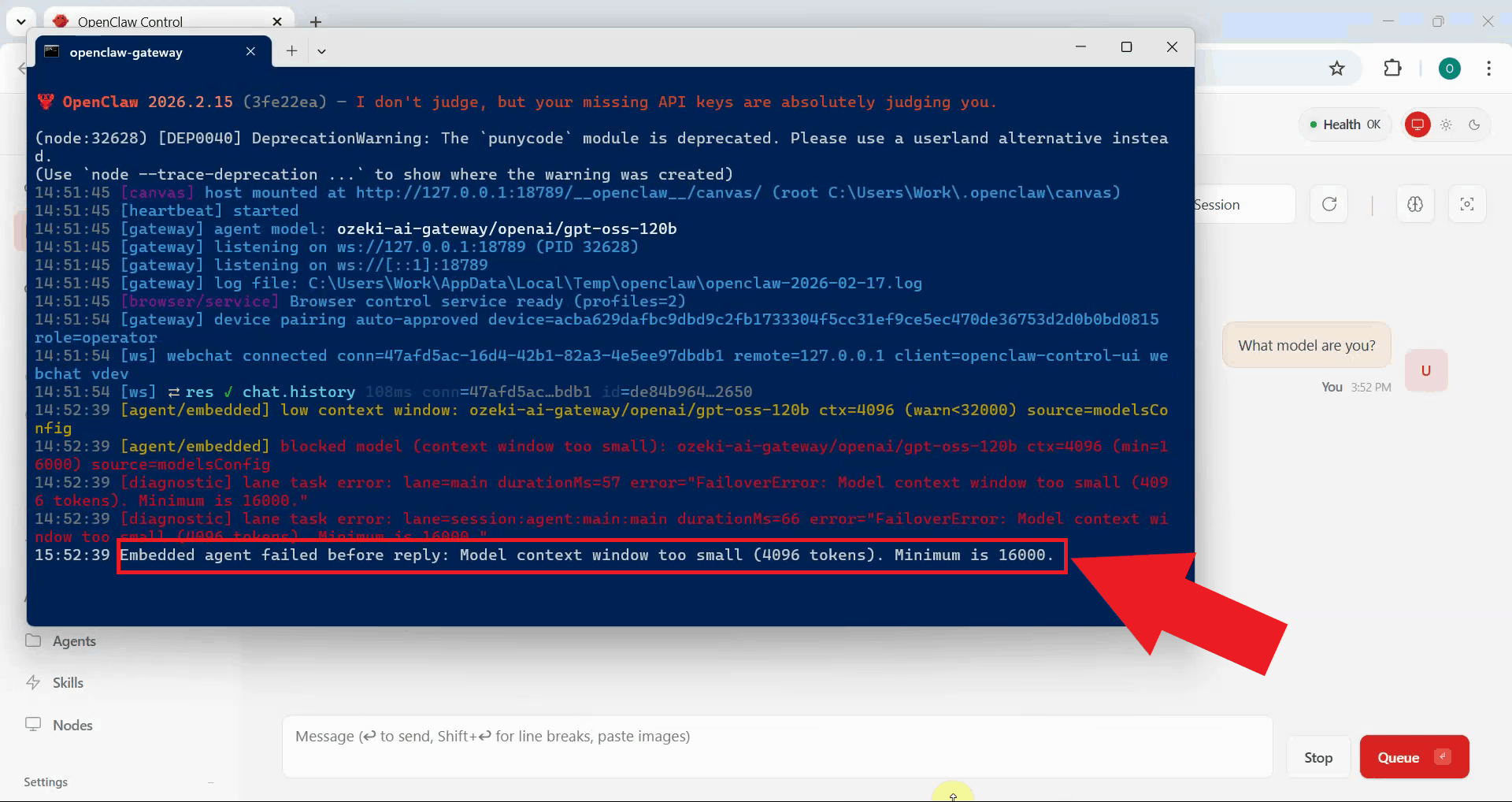 Model context window length error in OpenClaw gateway logs