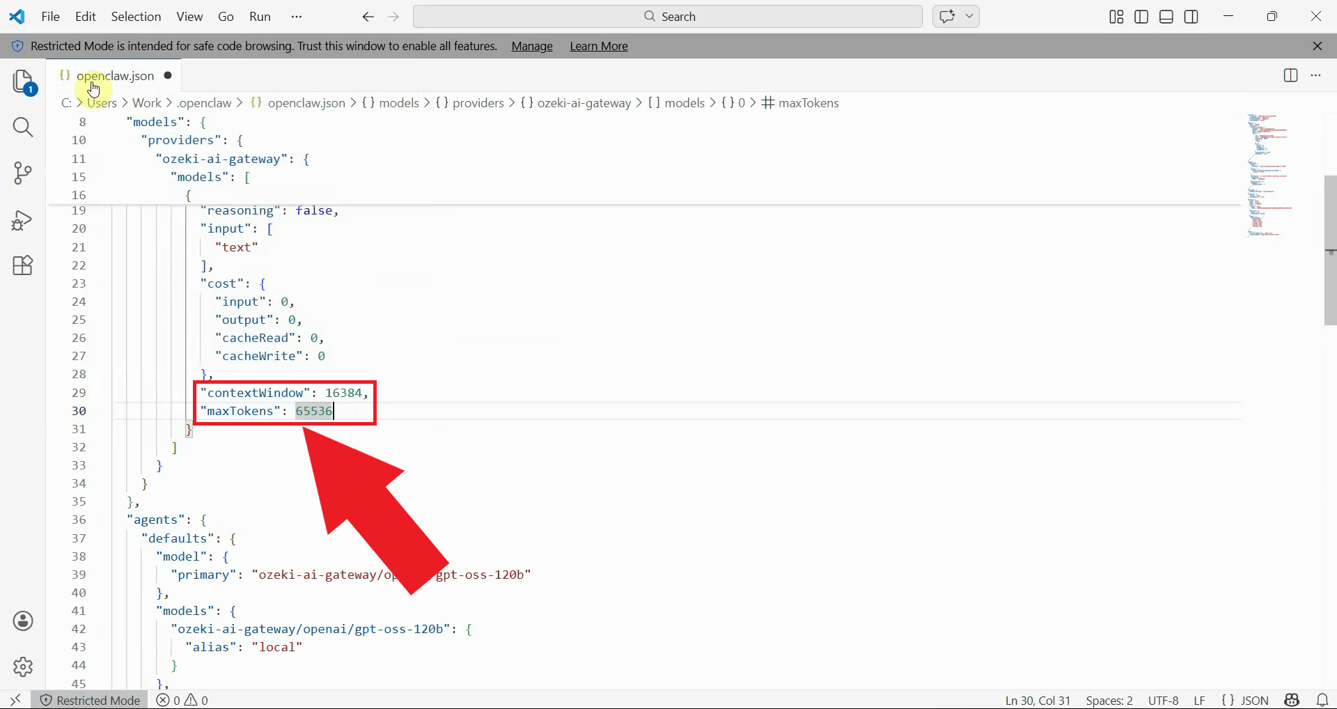 Modify contextWindow and maxTokens value