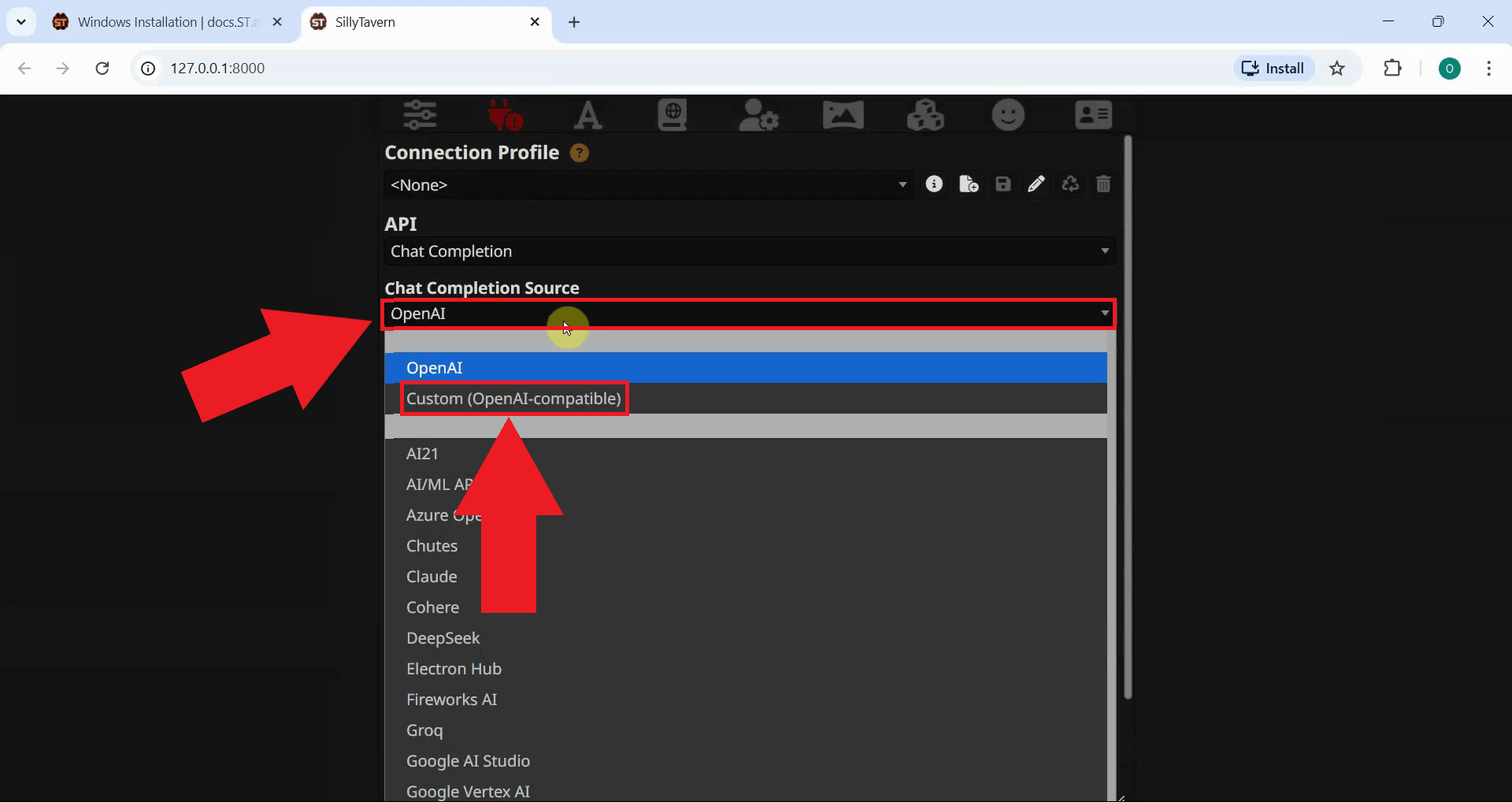 Choose custom OpenAI-compatible endpoint