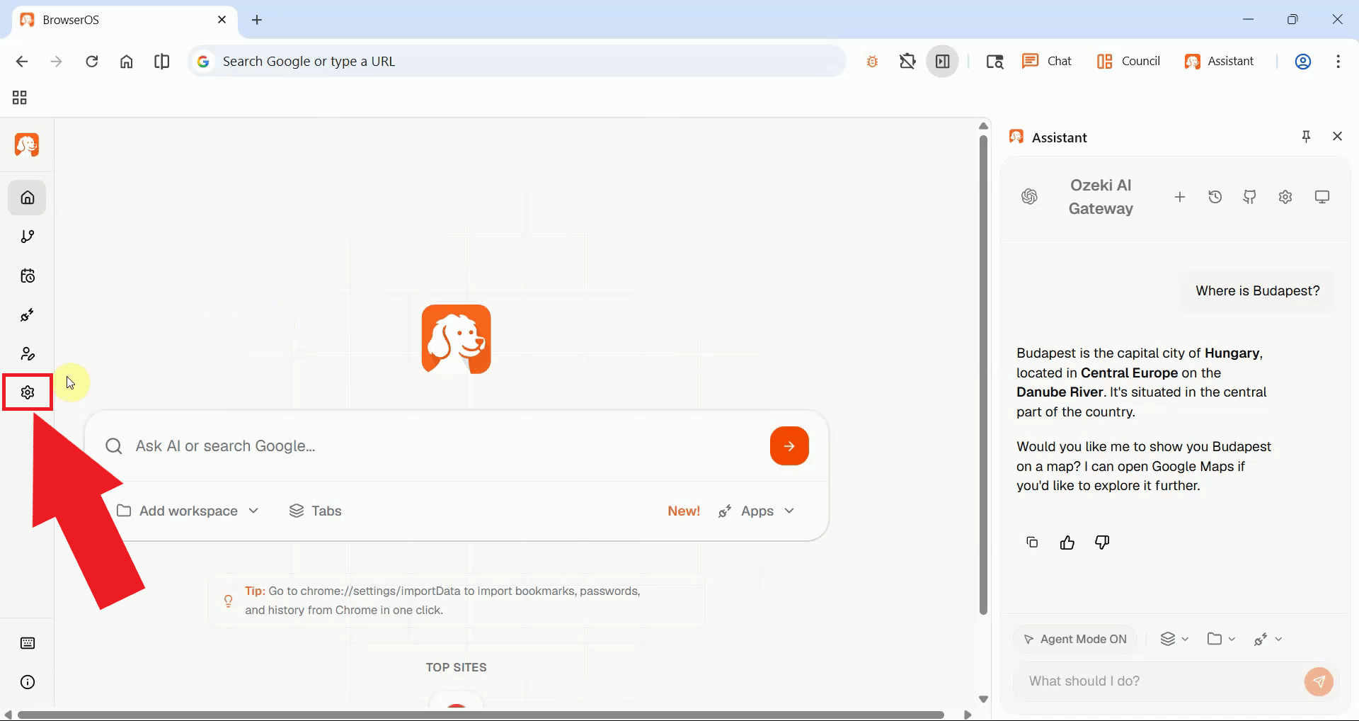 Open BrowserOS settings